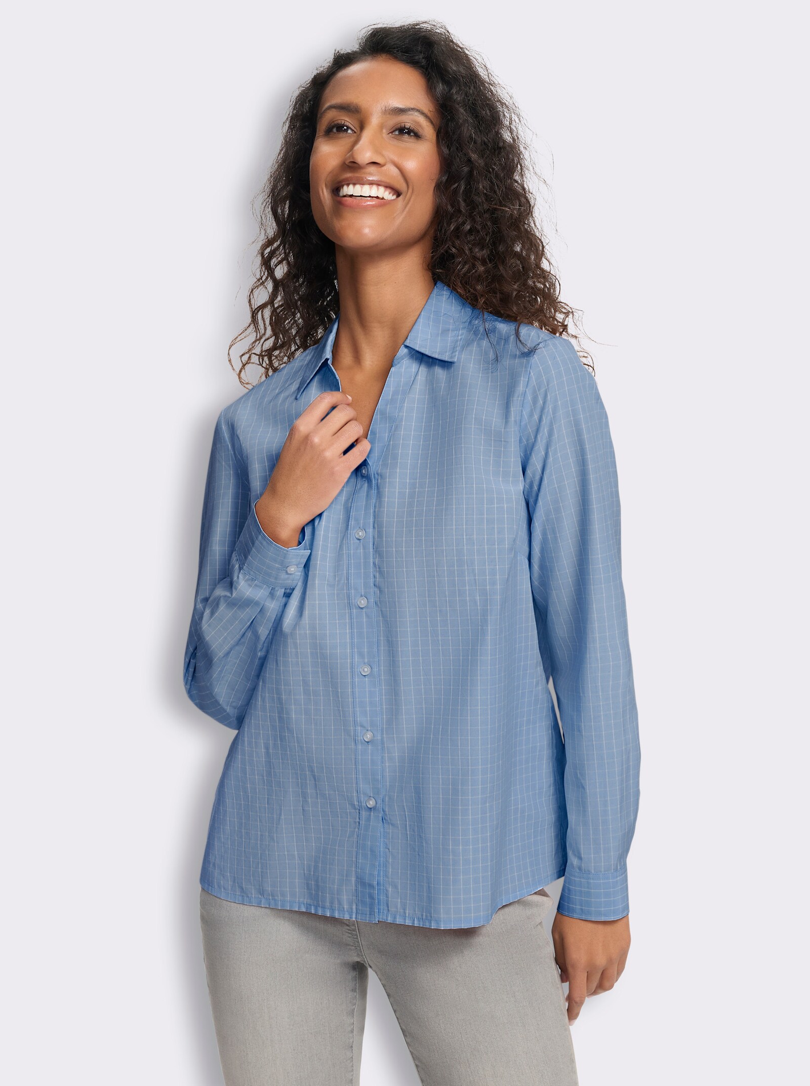 heine Karobluse mit V-Ausschnitt - bleu-ecru-kariert