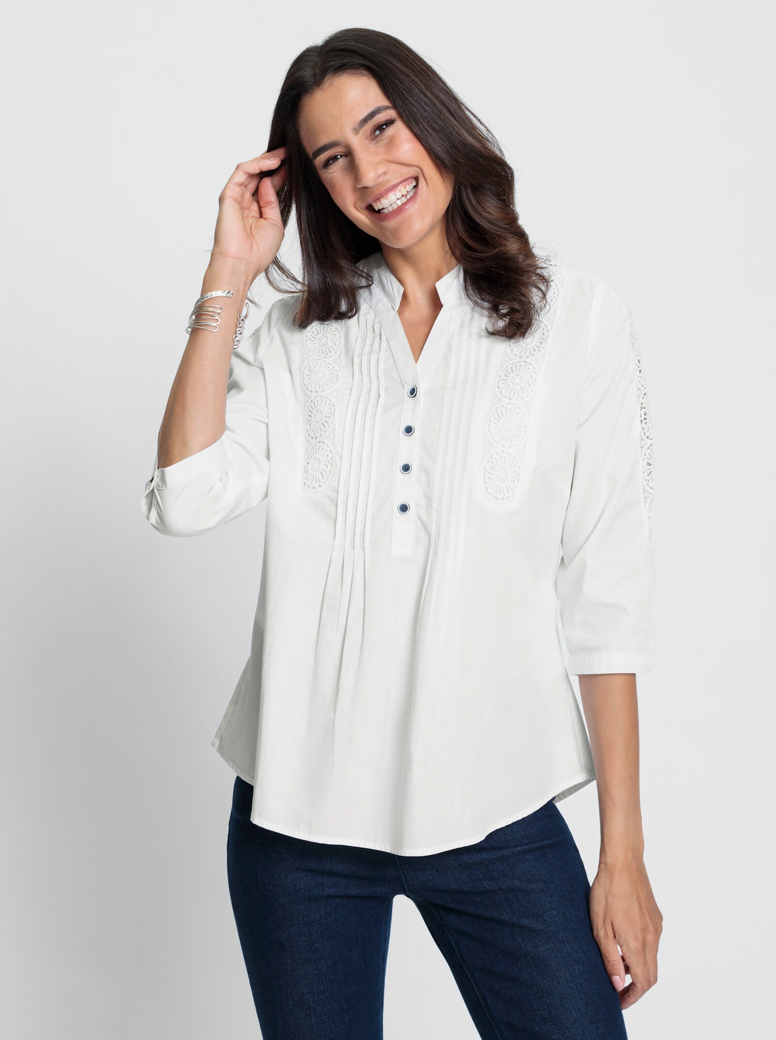 Spitzenbluse mit Biesenverzierung - ecru