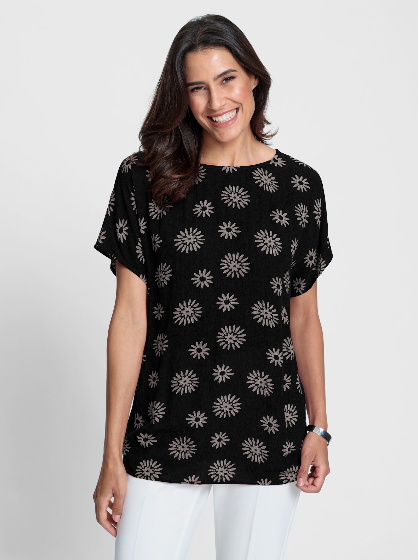 Druckbluse mit überschnittenen Schultern - schwarz-sesam-bedruckt