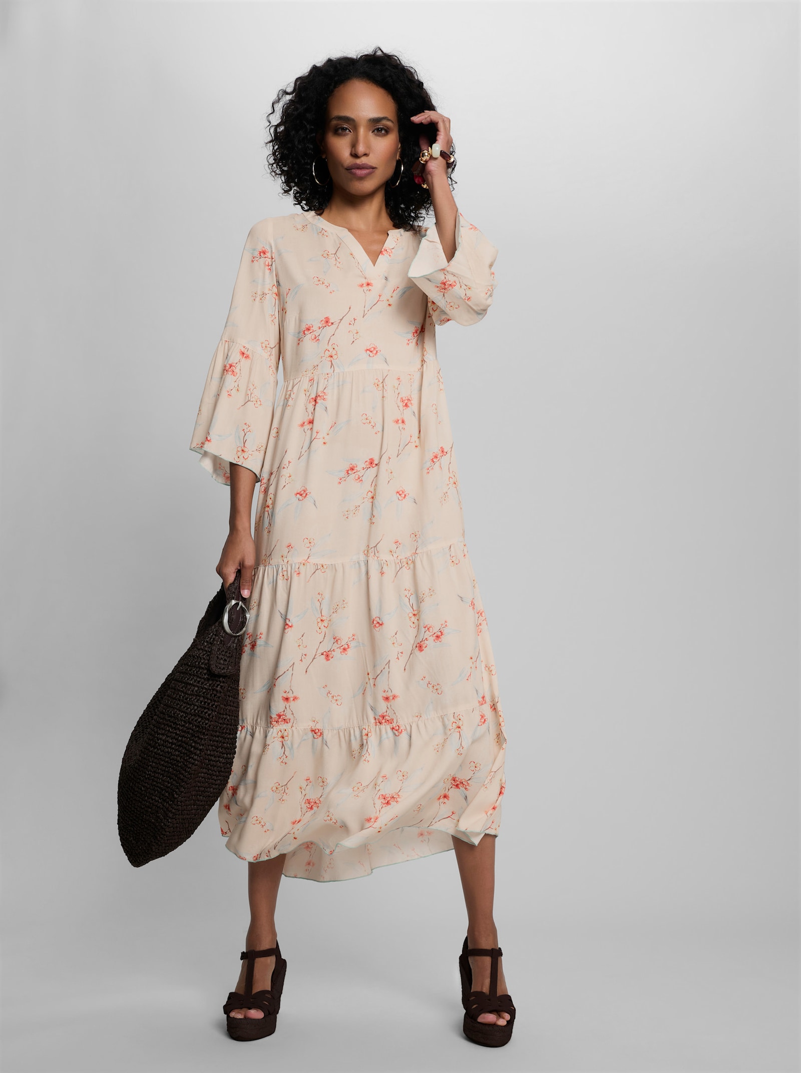 heine Maxikleid mit Trompetenärmeln - elfenbein-mint-bedruckt