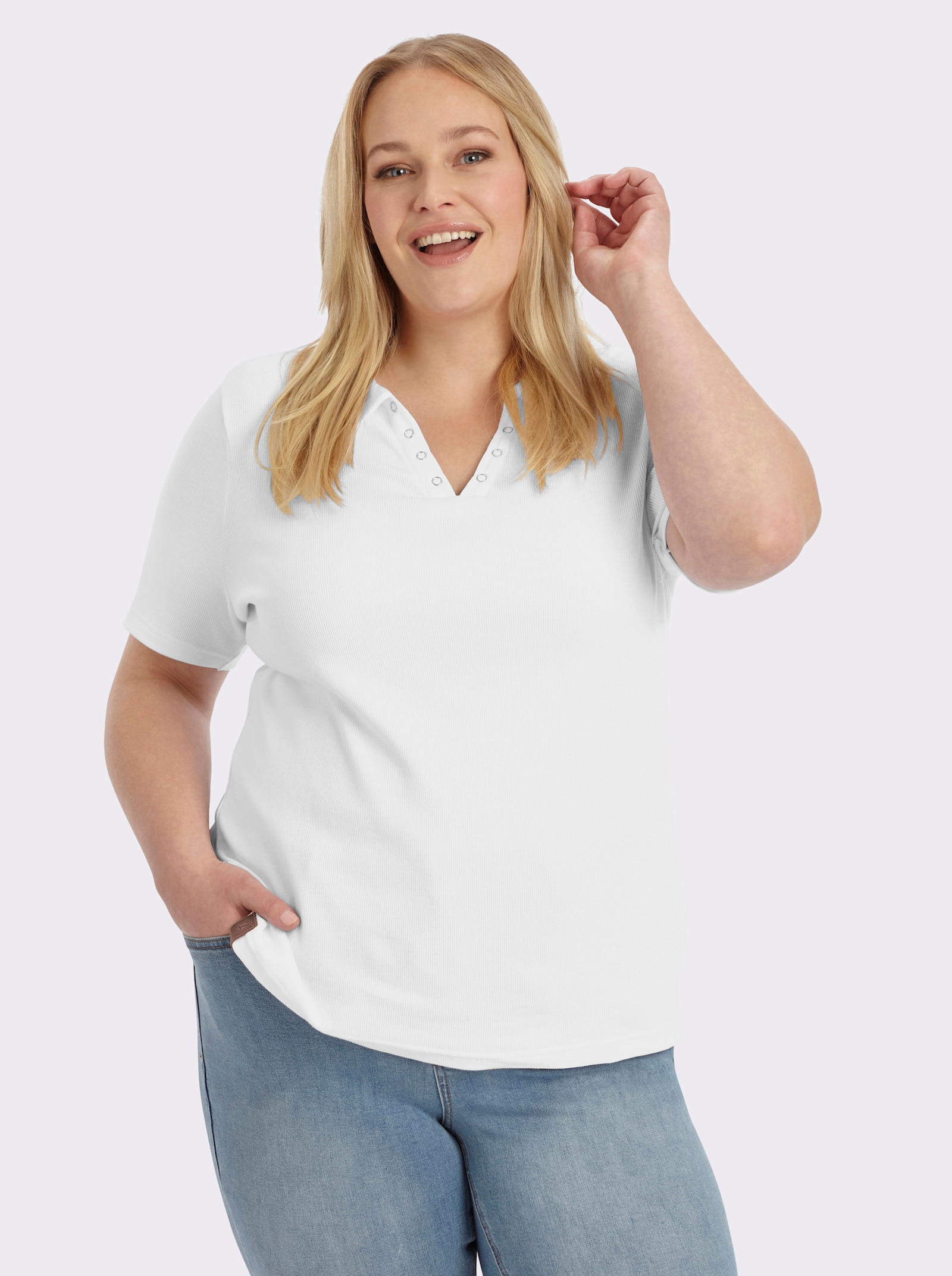 Poloshirt mit Ösen-Verzierung - weiß