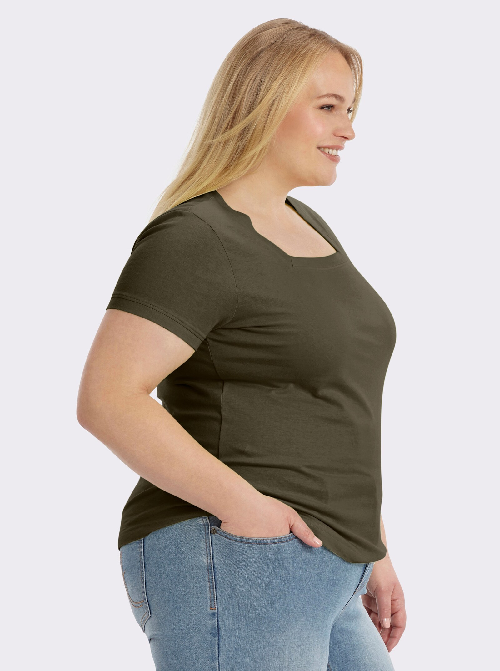 Kurzarmshirt mit Karree-Ausschnitt - oliv