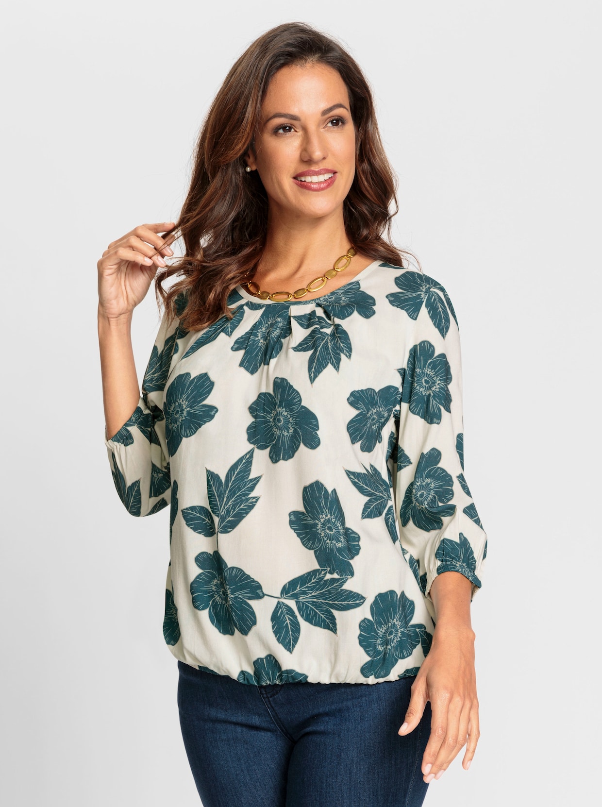 Bluse - champagner-petrol-bedruckt