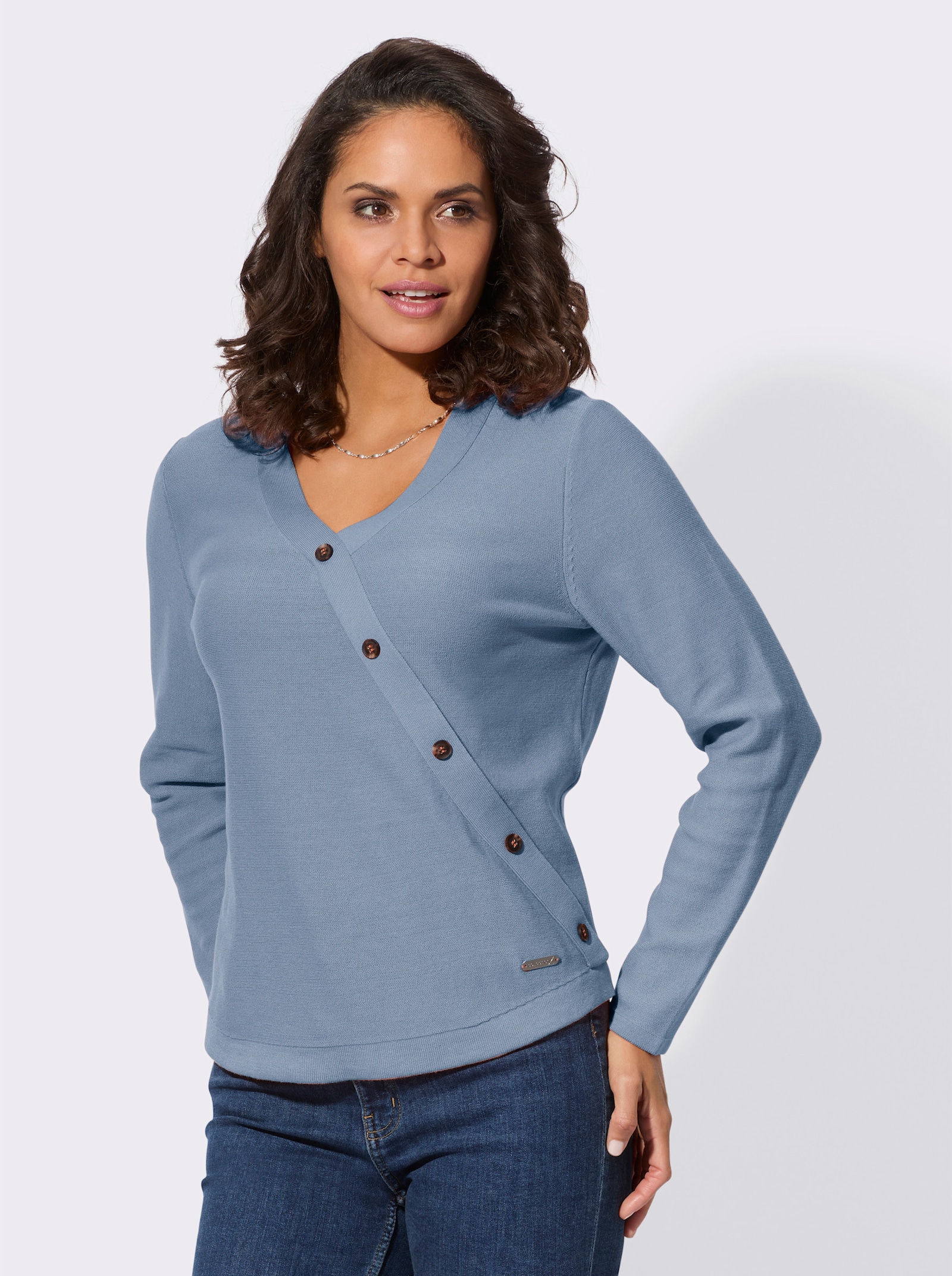 V-Ausschnitt-Pullover in Linksstrick-Optik - bleu