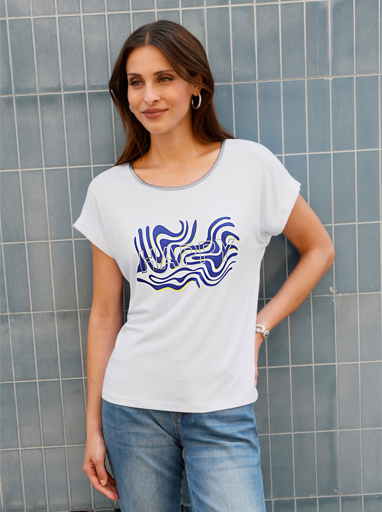 Kurzarmshirt mit fixiertem Ärmel-Aufschlag - weiß-royalblau-bedruckt