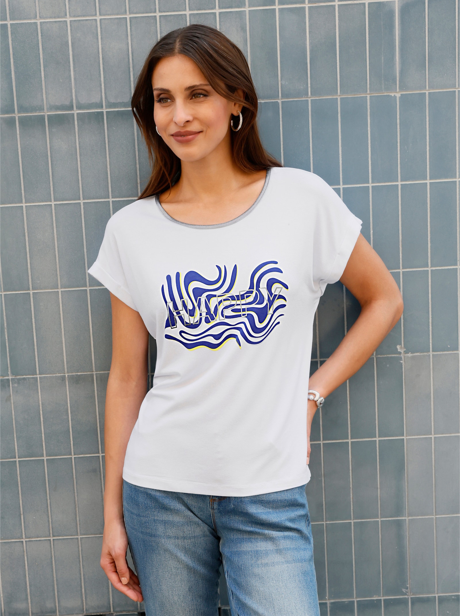 Kurzarmshirt mit fixiertem Ärmel-Aufschlag - weiß-royalblau-bedruckt