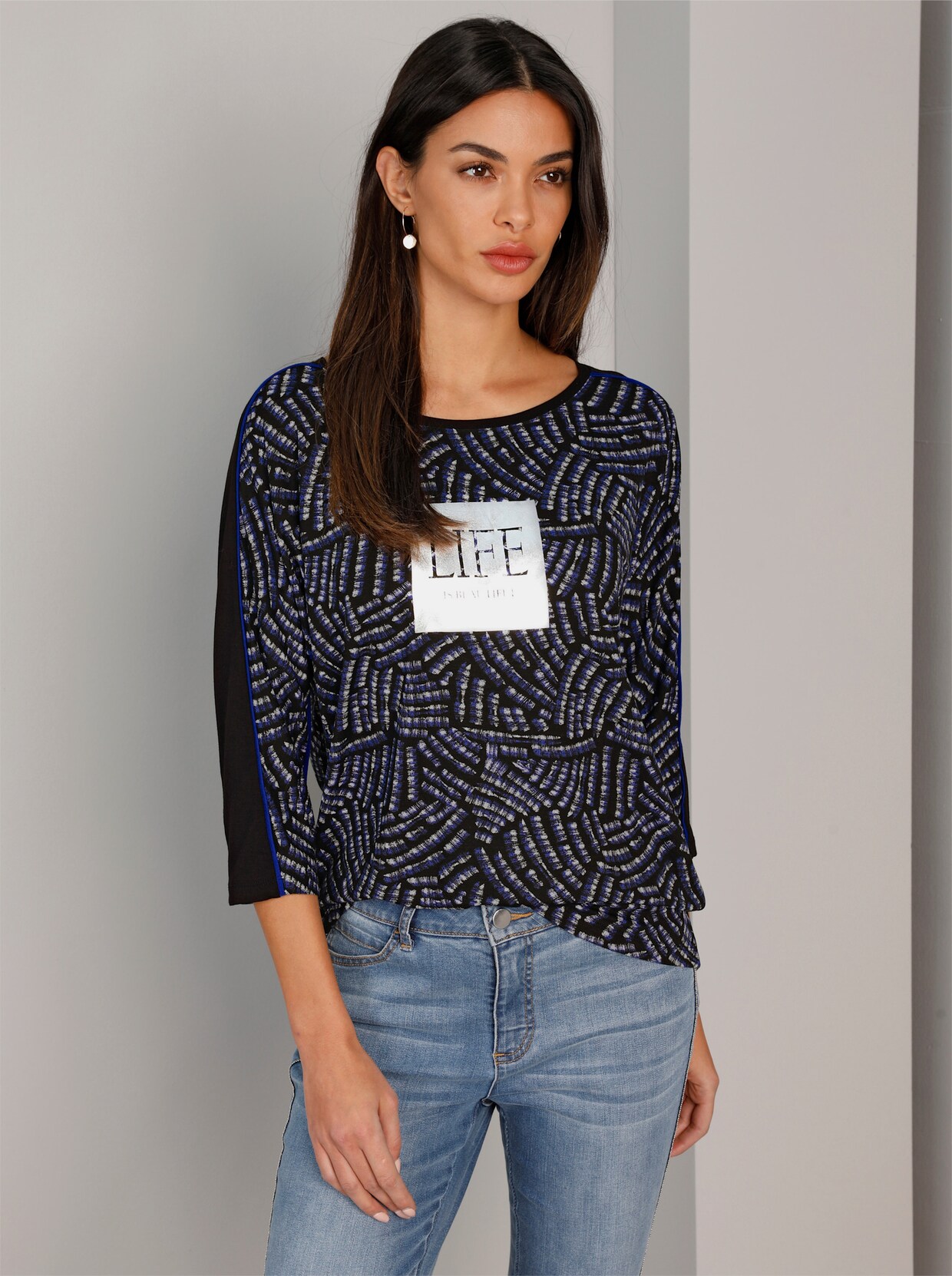 heine Druck-Shirt - royalblau-schwarz-bedruckt
