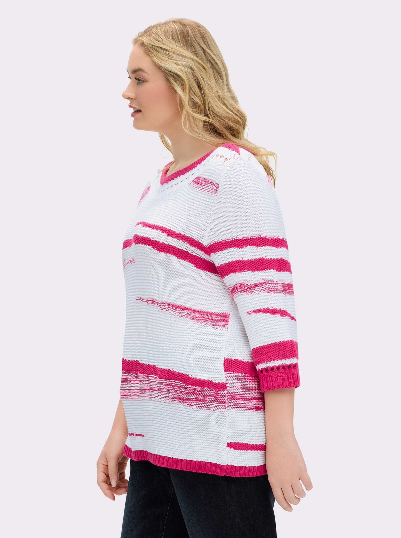 3/4 Arm-Pullover mit Lochmuster - weiß-pink-gemustert