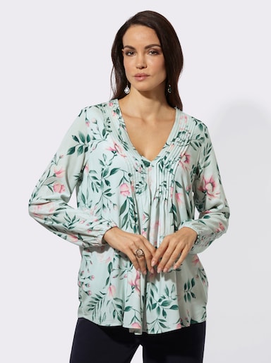 Longbluse mit floralem Dessin - kalkmint-aquapetrol-bedruckt