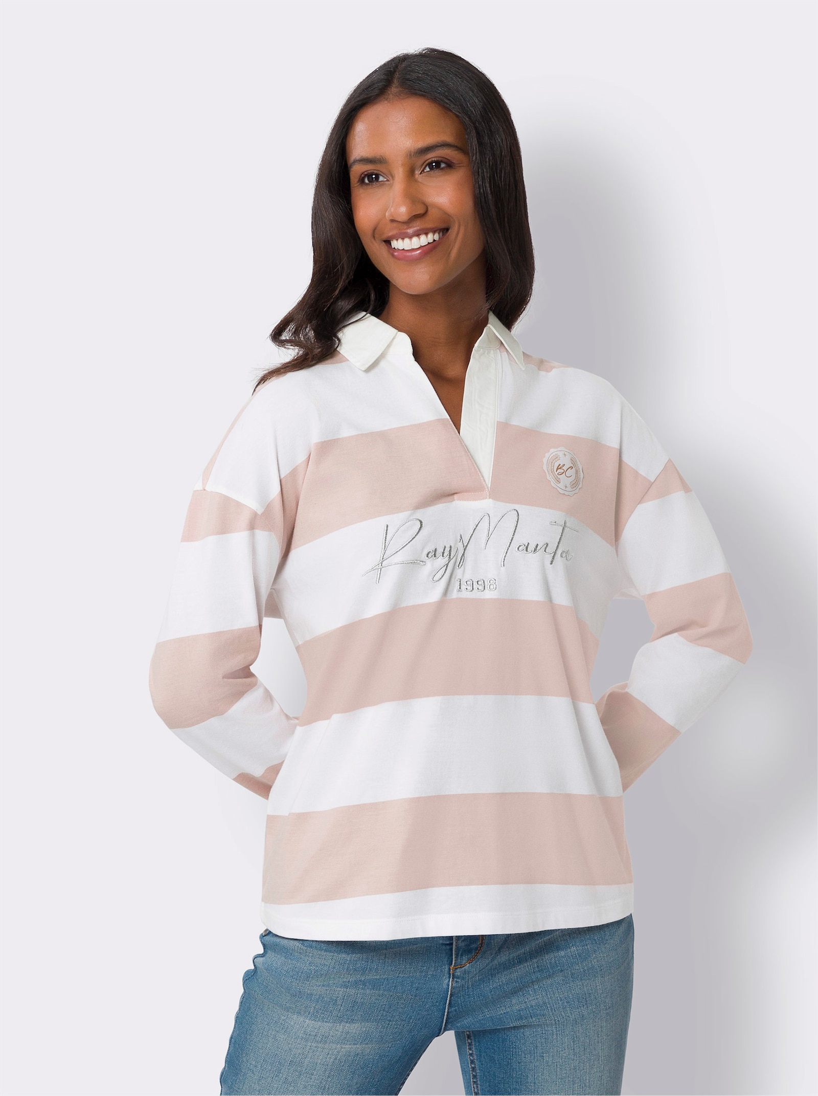 heine Langarm-Poloshirt mit Streifen - puder-ecru-bedruckt