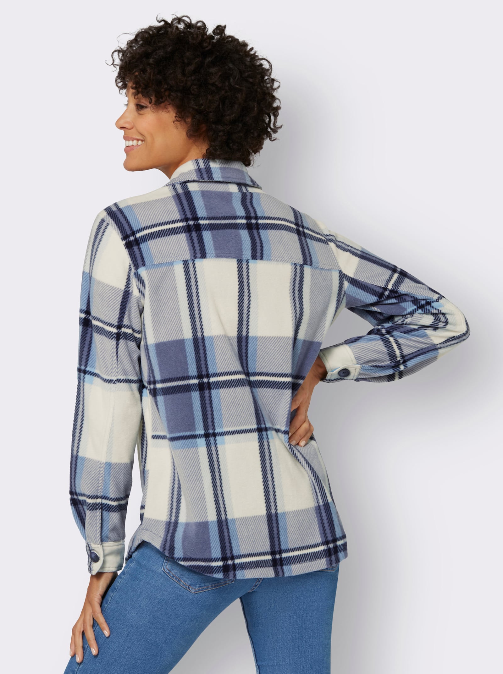 Fleecejacke mit Knöpfen in Horn-Optik - champagner-taubenblau-kariert