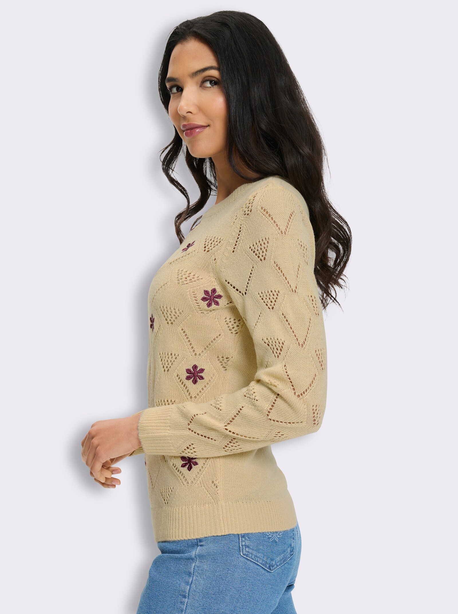 Ajourpullover mit Blumenstickerei - sand-bordeaux-gemustert