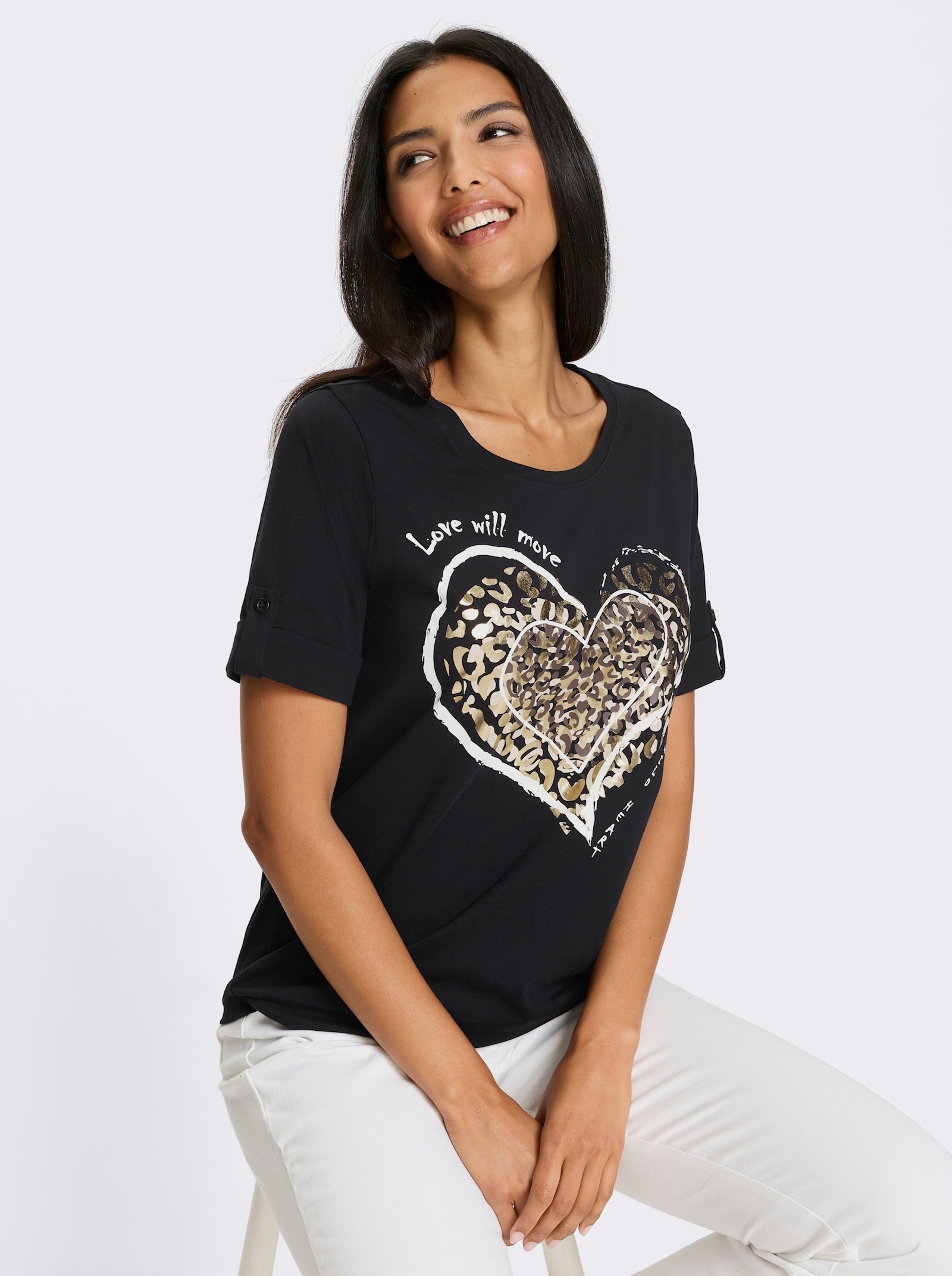 Kurzarmshirt mit Leo-Print - schwarz-goldfarben