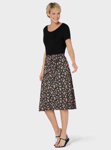 Jerseykleid mit passendem Bindegürtel - schwarz-bedruckt