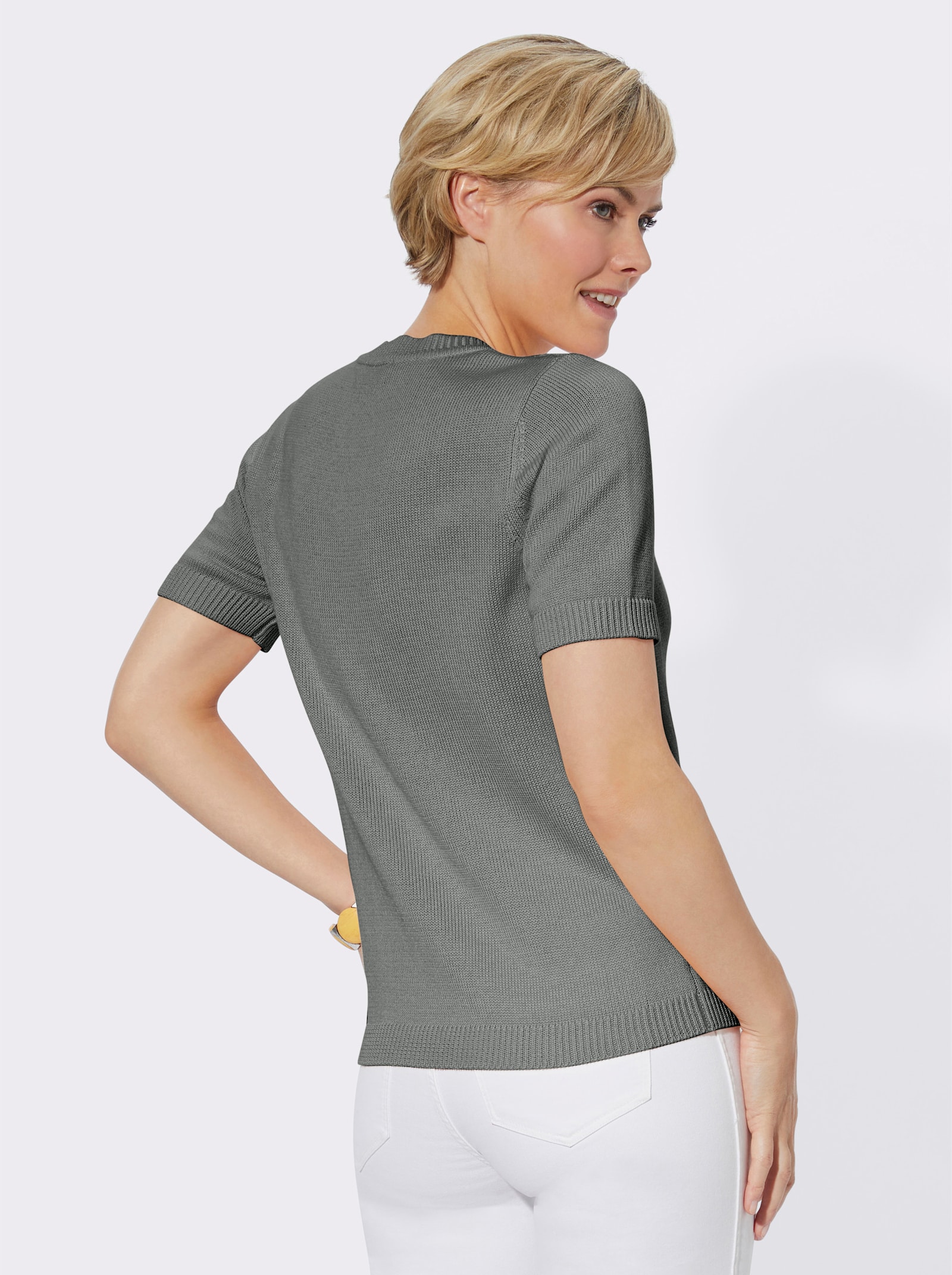 Svetr s krátkým rukávem s žebrovanými lemy - šedá-melír