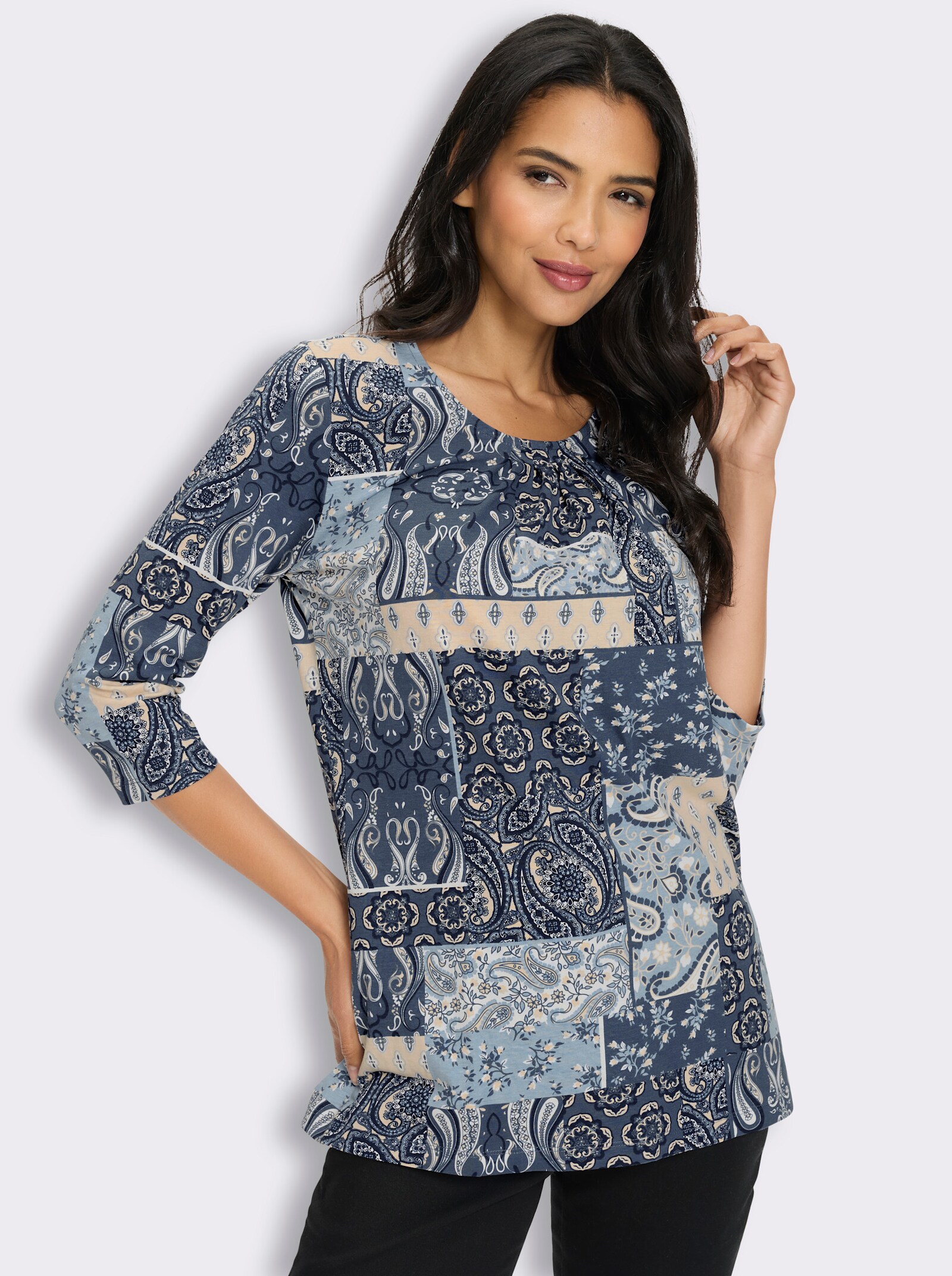 Longshirt mit 3/4-Ärmeln - bleu-sand-bedruckt