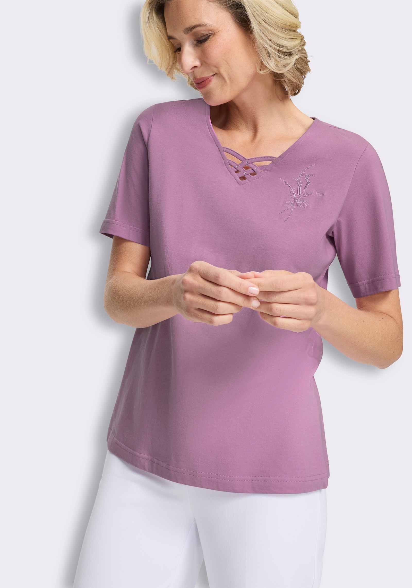 Shirt met korte mouwen en bloemenborduursel - orchidee