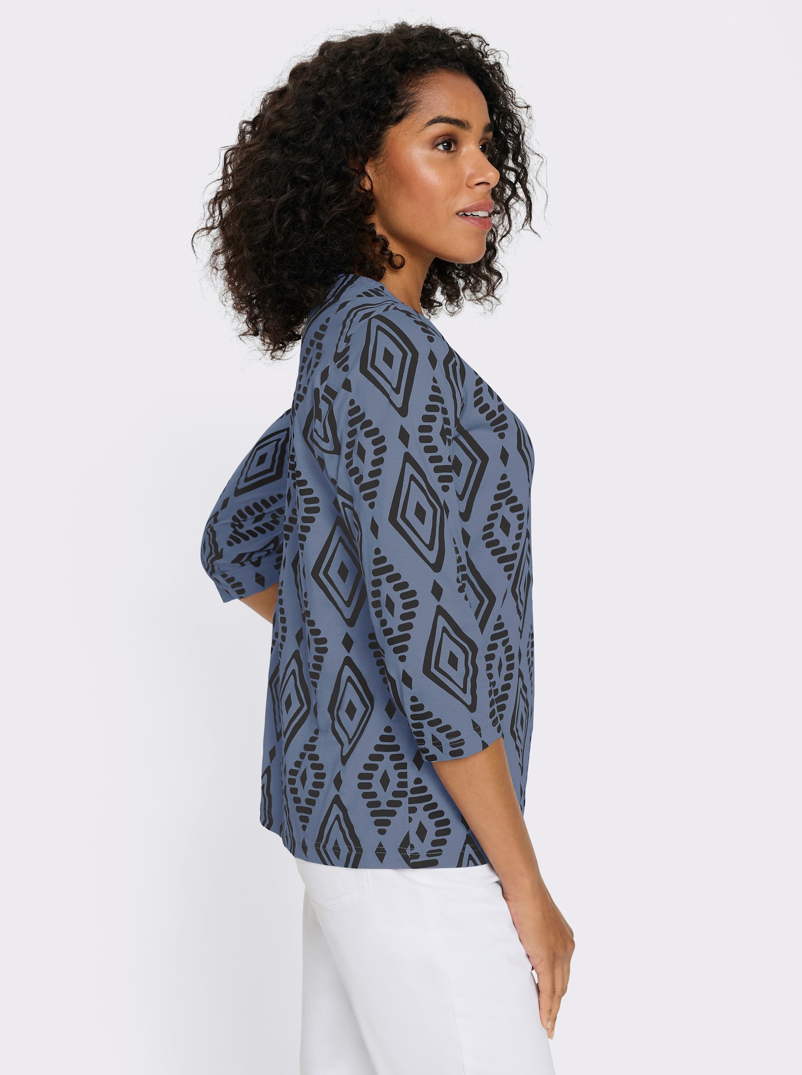 3/4-Arm-Shirt aus reiner Baumwolle, bedruckt - taubenblau-schwarz-bedruckt