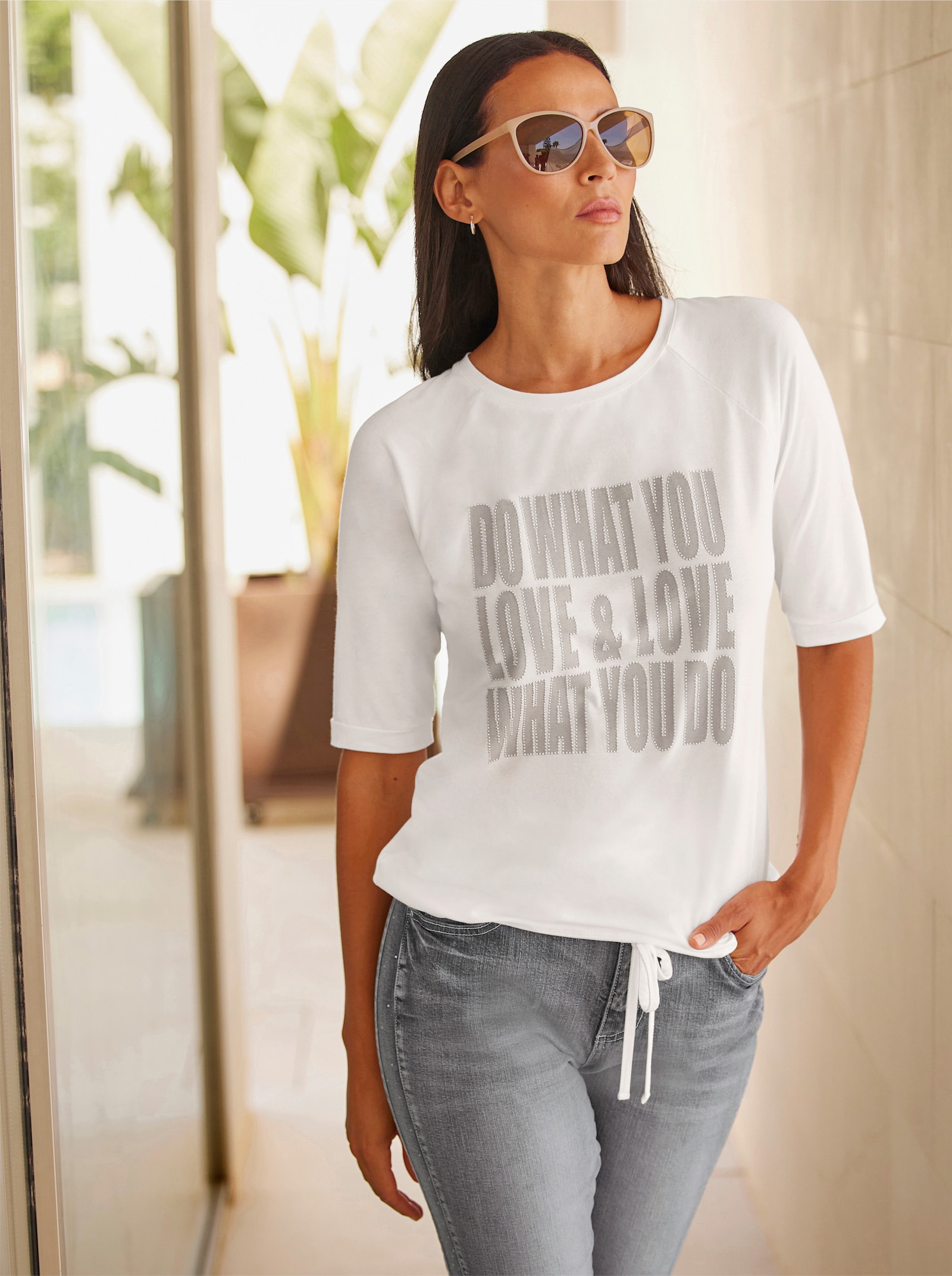 heine Kurzarmshirt mit Tunnelzug am Saum - ecru