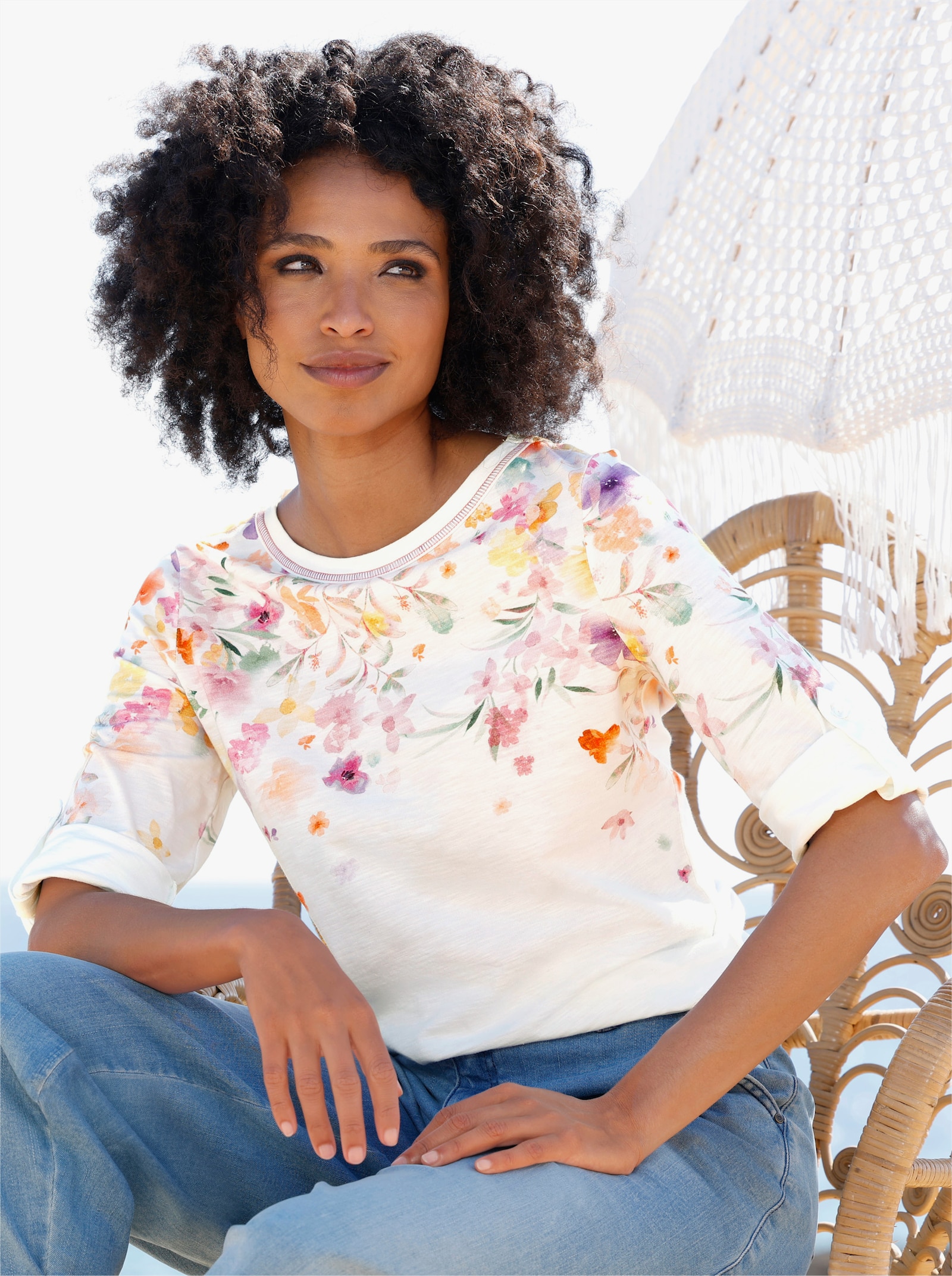 heine 3/4-Arm-Shirt mit Blumen-Print - ecru-orange-bedruckt