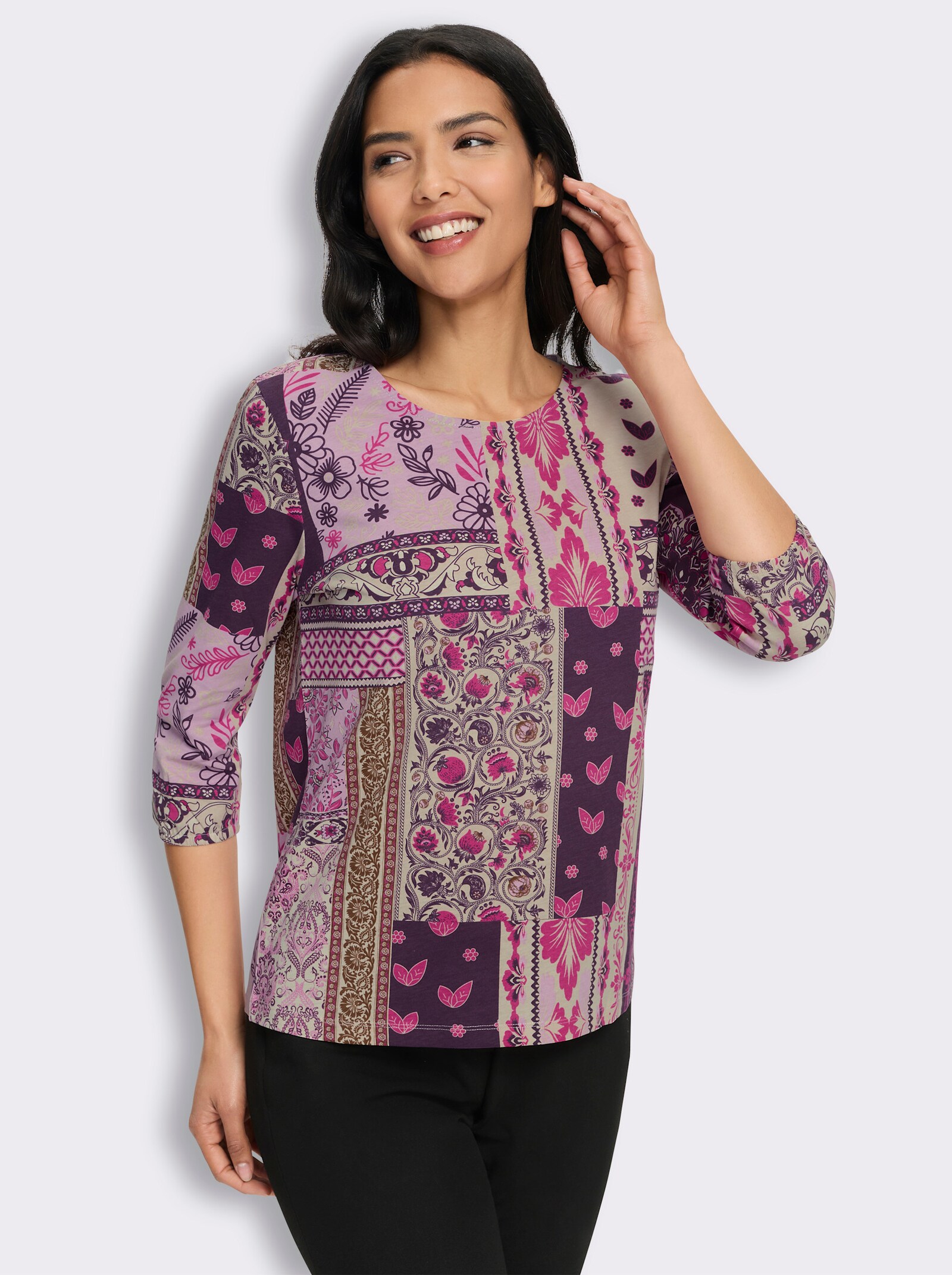 3/4-Arm-Shirt in Patchwork-Optik - traube-champagner-bedruckt