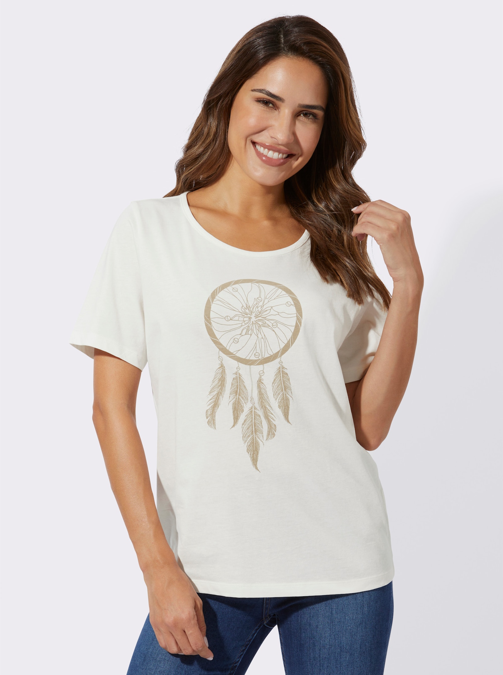 Tričko s krátkým rukávem a etno motivem - ecru-sezamová