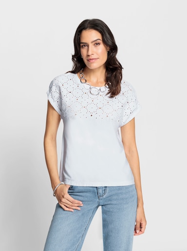 Rundhalsshirt mit Lochstickerei - weiß