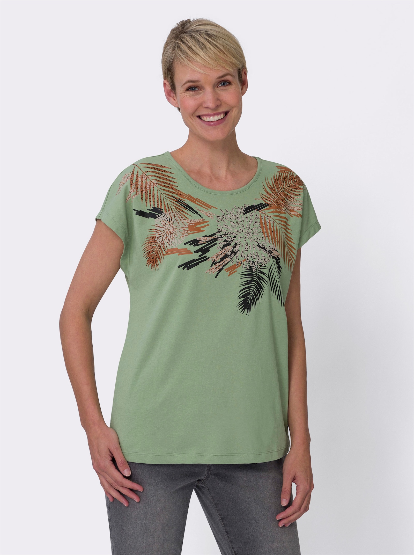 Shirt met korte mouwen van puur katoen - eucalyptus/cognac