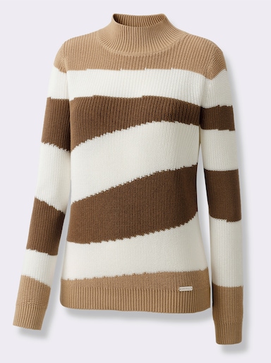Stehkragenpullover - braun-ecru-gemustert