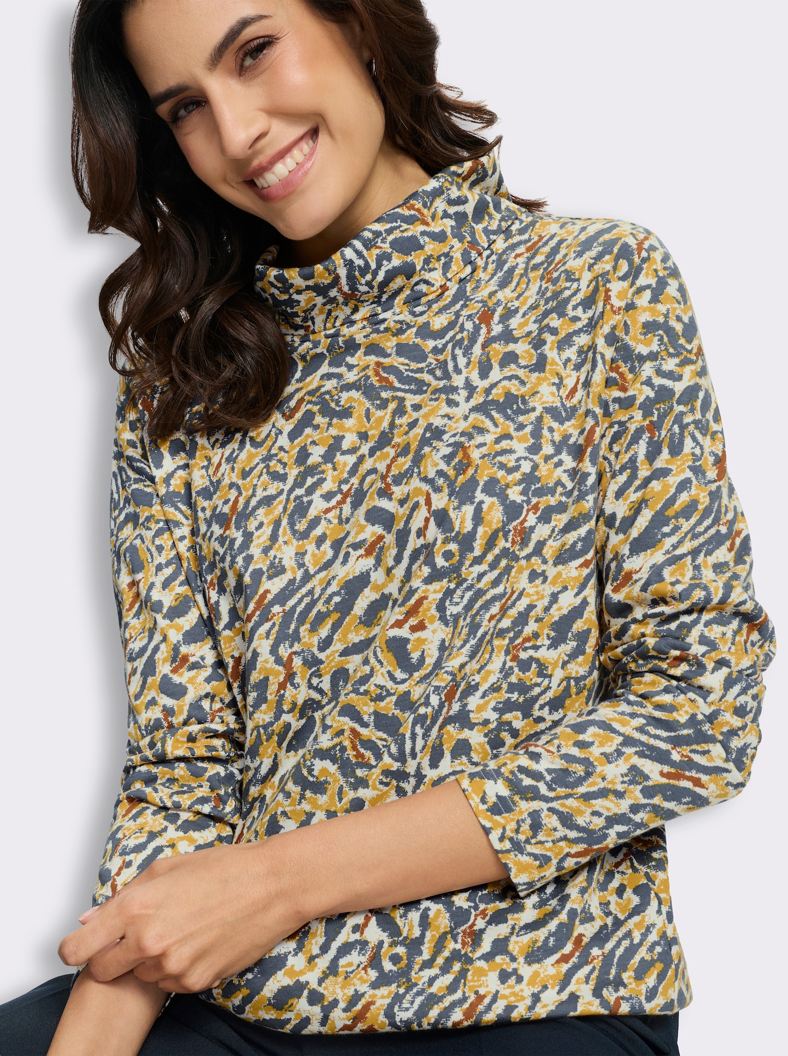 Rollkragenshirt mit Alloverdruck - ecru-rauchblau-bedruckt