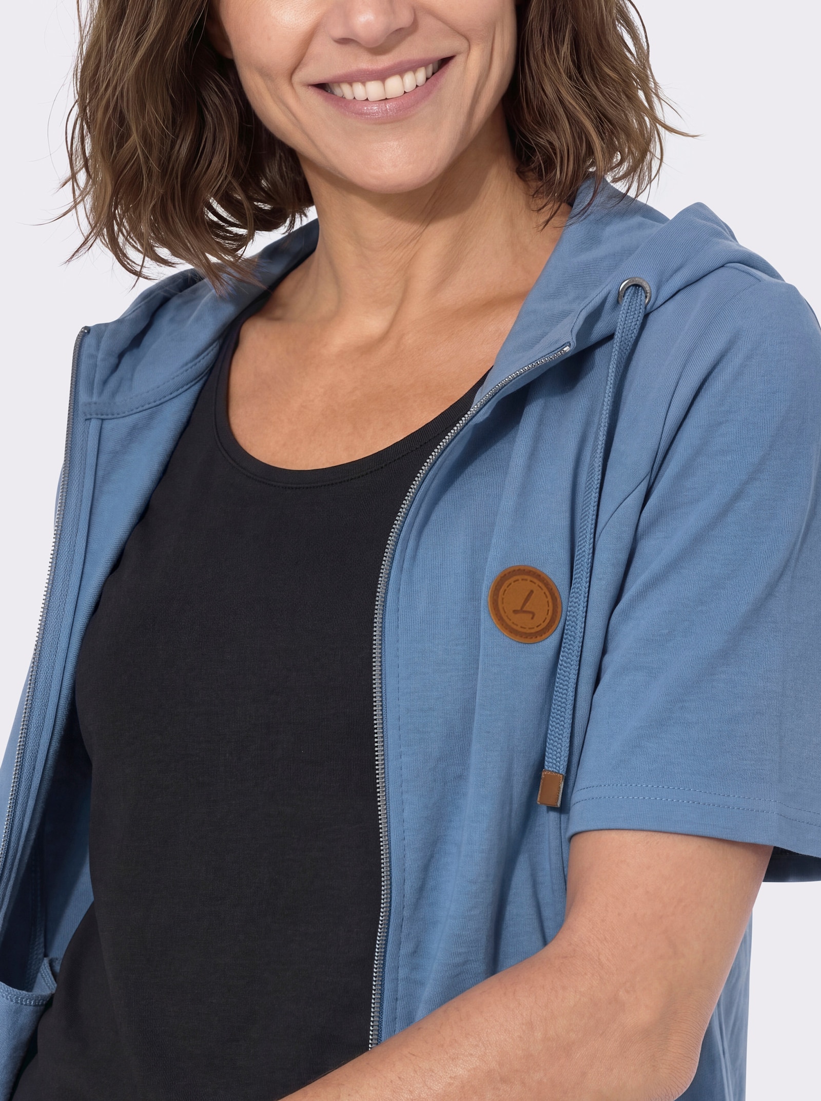 Shirtjacke mit Kapuze und Halbärmeln - mittelblau