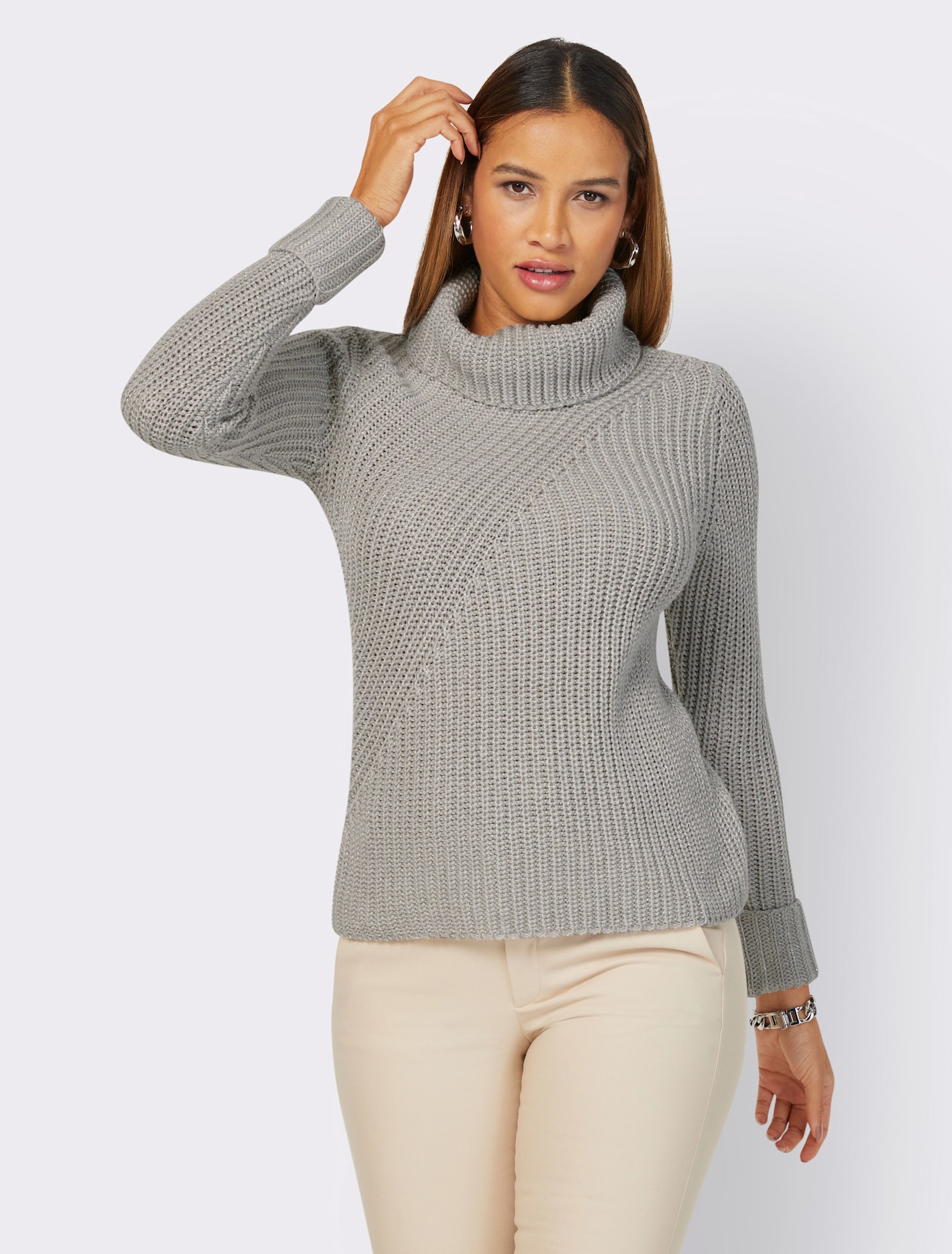 Rollkragenpullover mit Glanzgarn, goldfarben - hellgrau