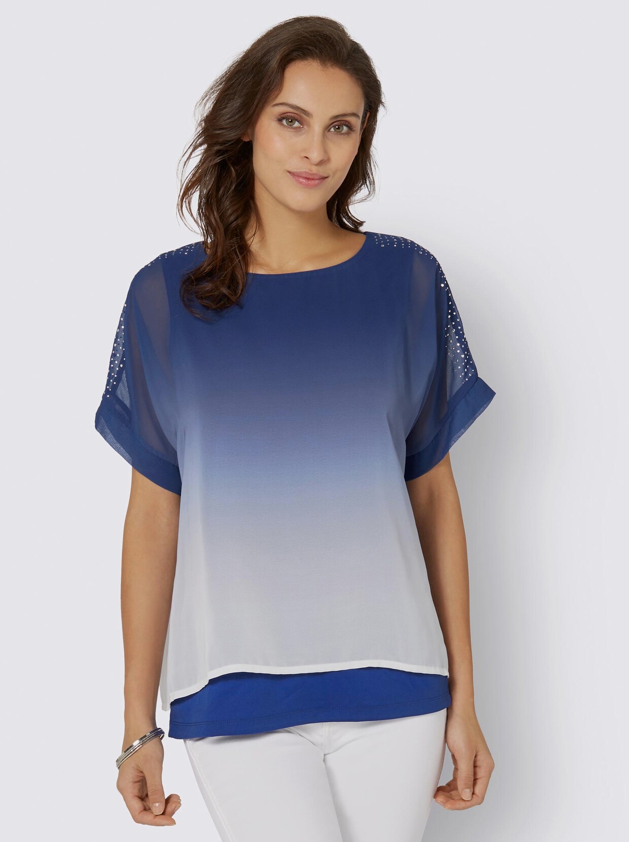 Comfortabele blouse - koningsblauw/wit bedrukt