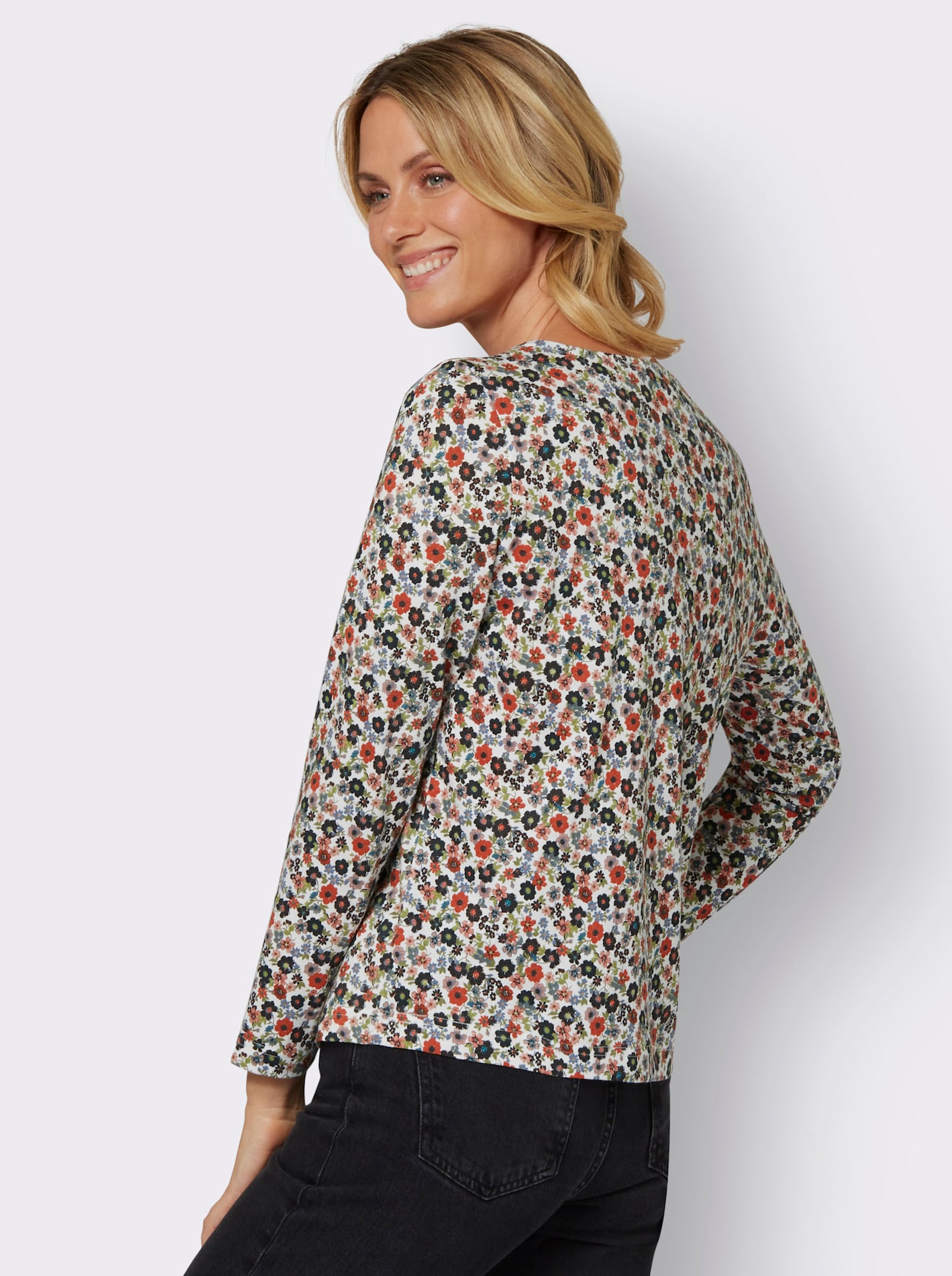 Shirt met lange mouwen in millefleurs-dessin - ecru/rozenhout gedessineerd