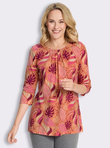 Longshirt in ausgestellter A-Linie - apricot-malve-bedruckt