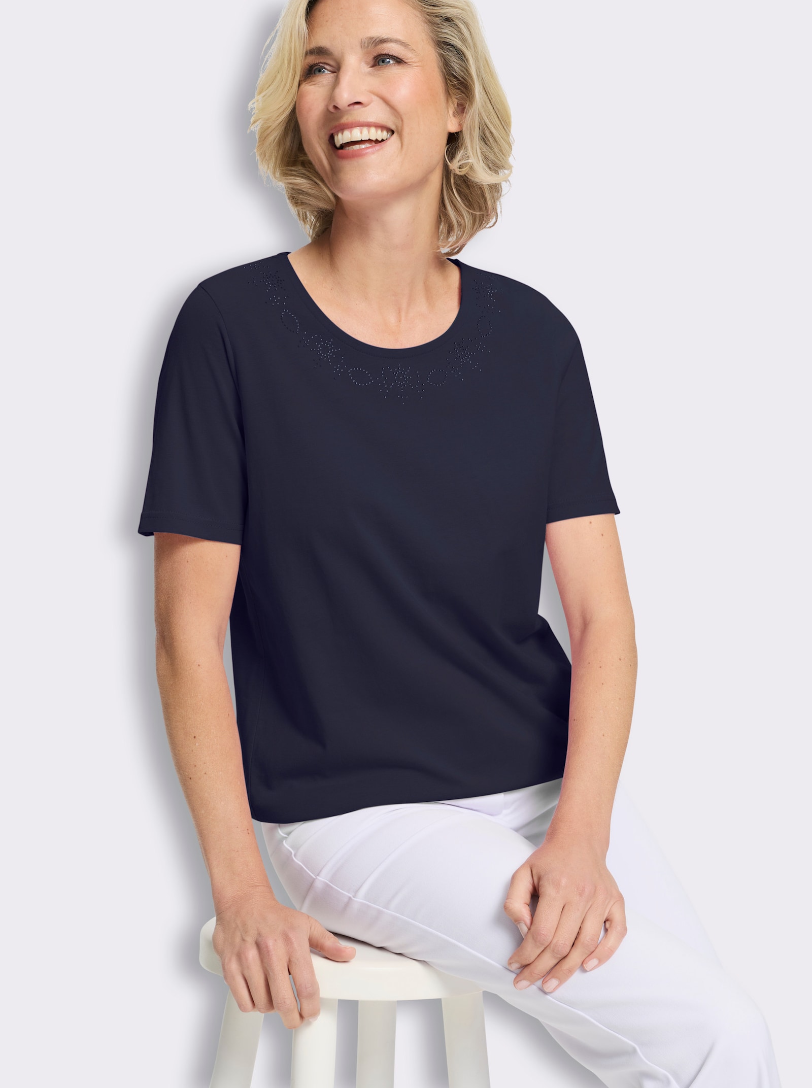 Kurzarmshirt mit Glitzersteinchen-Applikation - marine