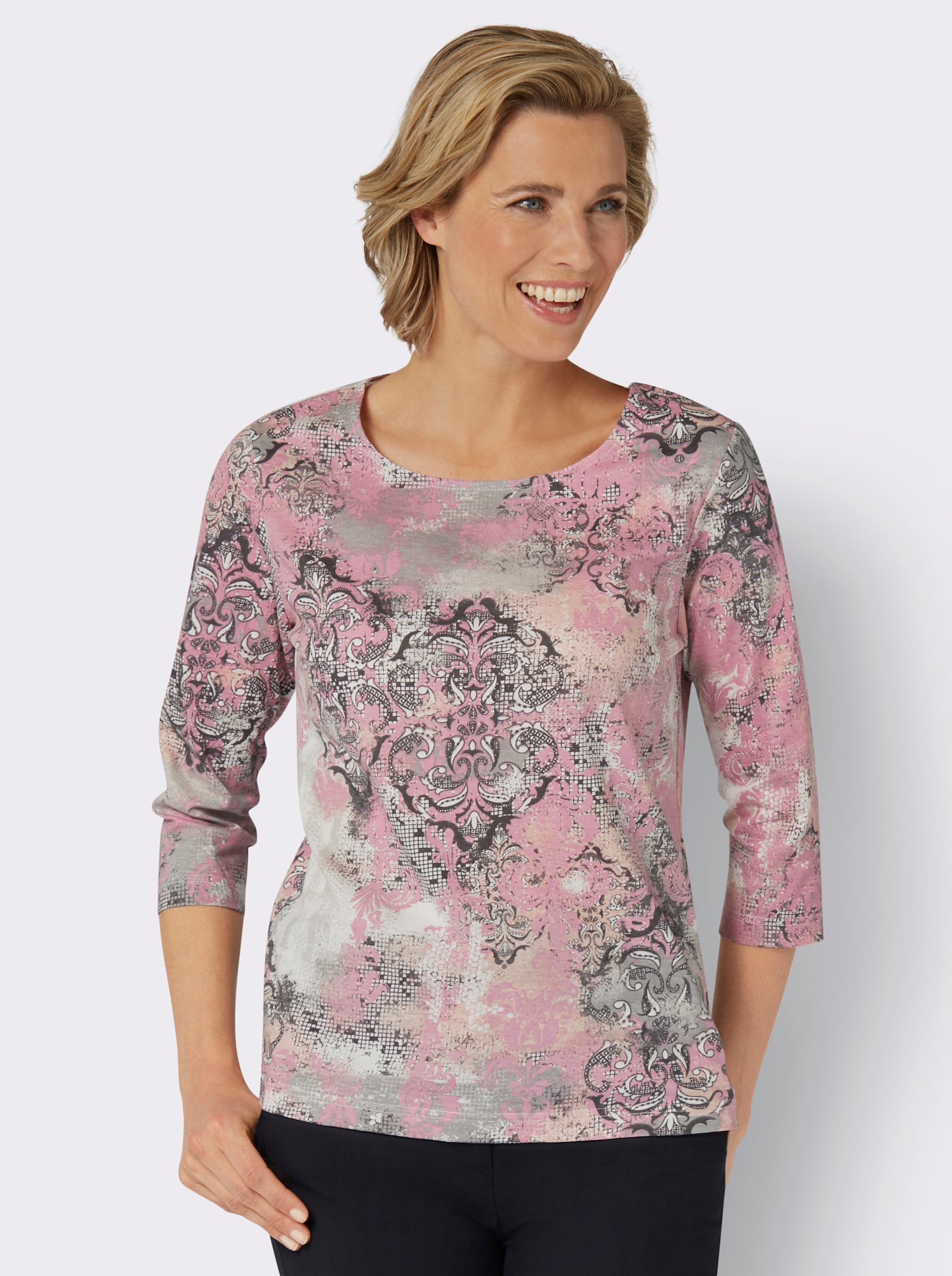 Shirt met 3/4-mouwen en fantasierijke print - oudroze/steengrijs bedrukt