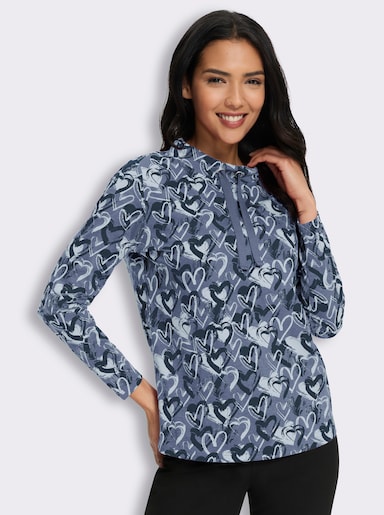 Stehkragenshirt im Herz-Dessin - taubenblau-dunkelblau-bedruckt