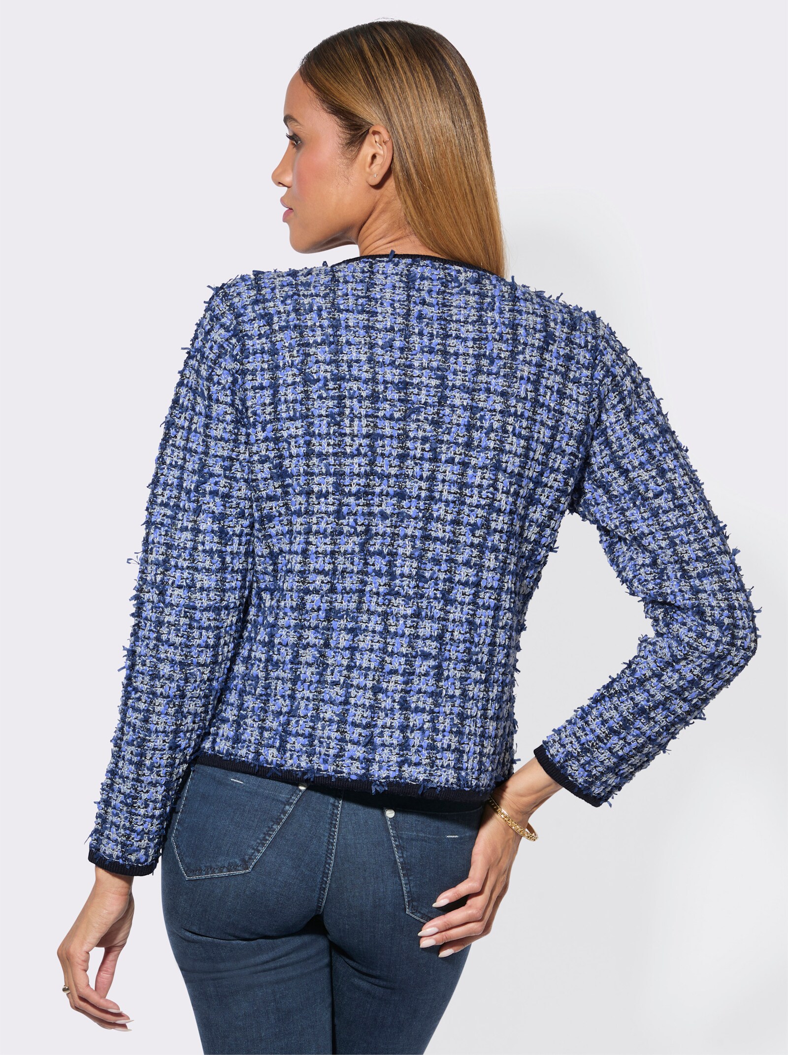 Cardigan in Bouclé-Optik - royalblau-weiß-gemustert