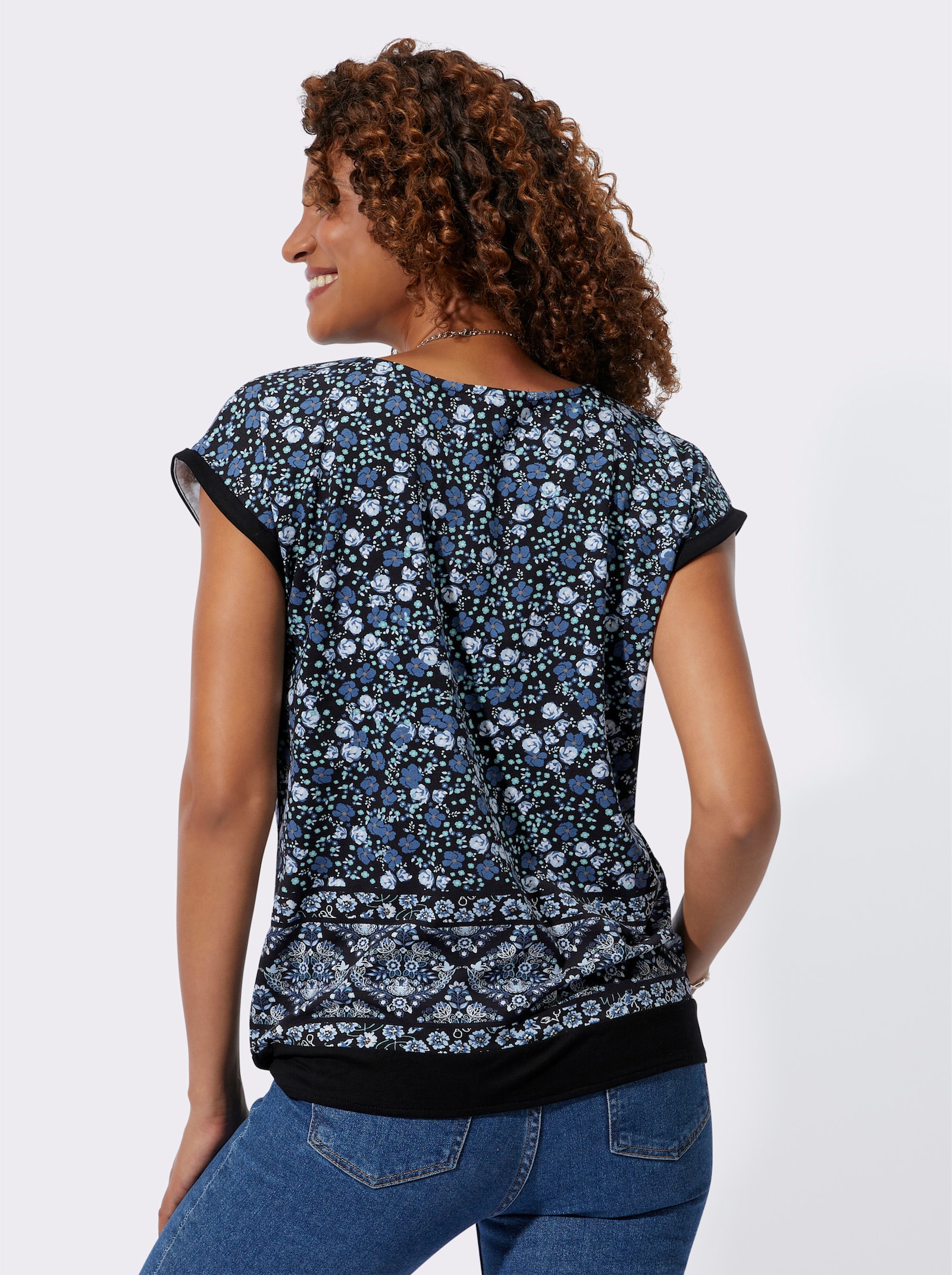 Kurzarmshirt mit Bindeband am Saum - jeansblau-schwarz-bedruckt