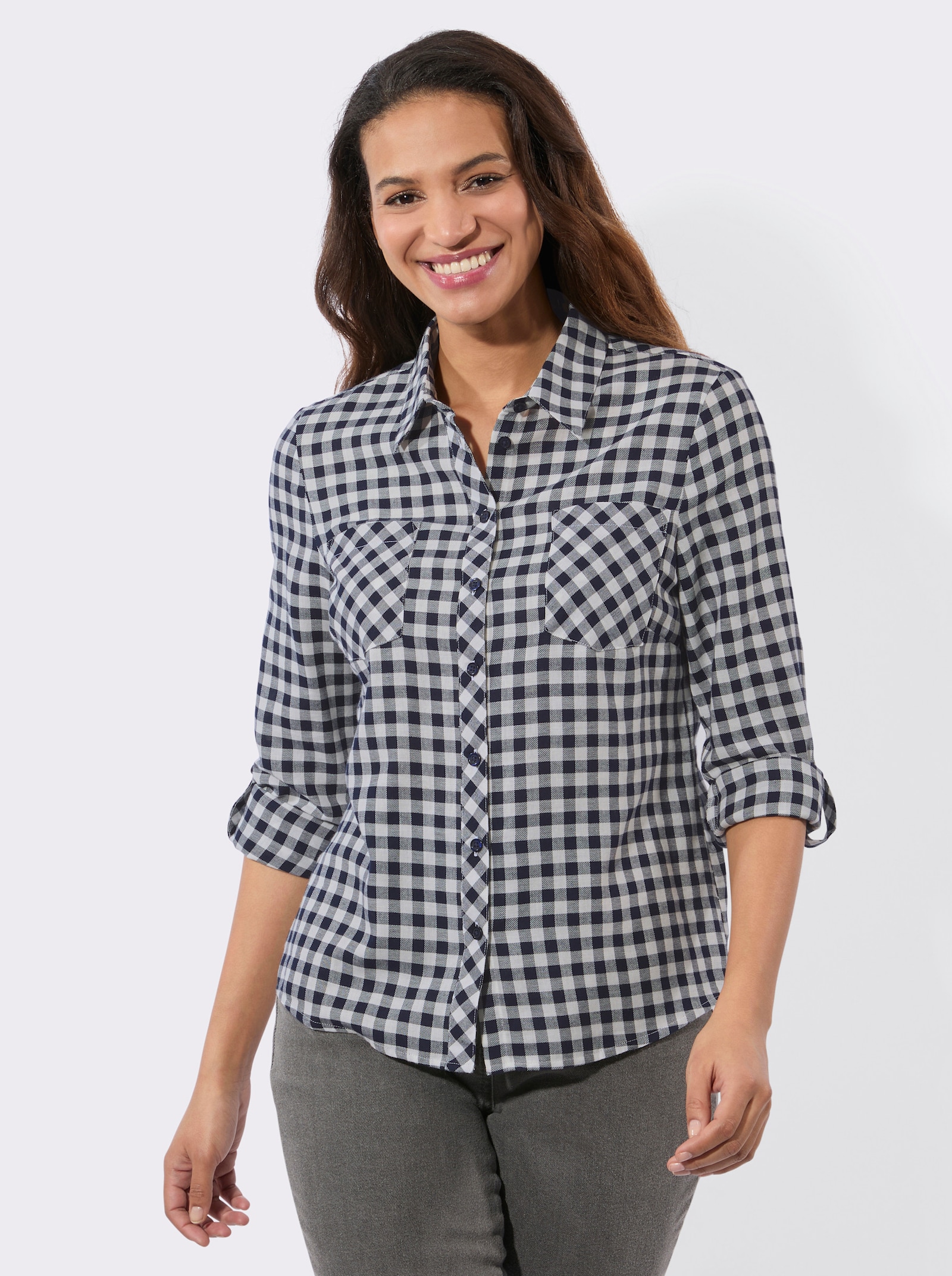 Flanellbluse im Karo-Dessin - marine-ecru-kariert