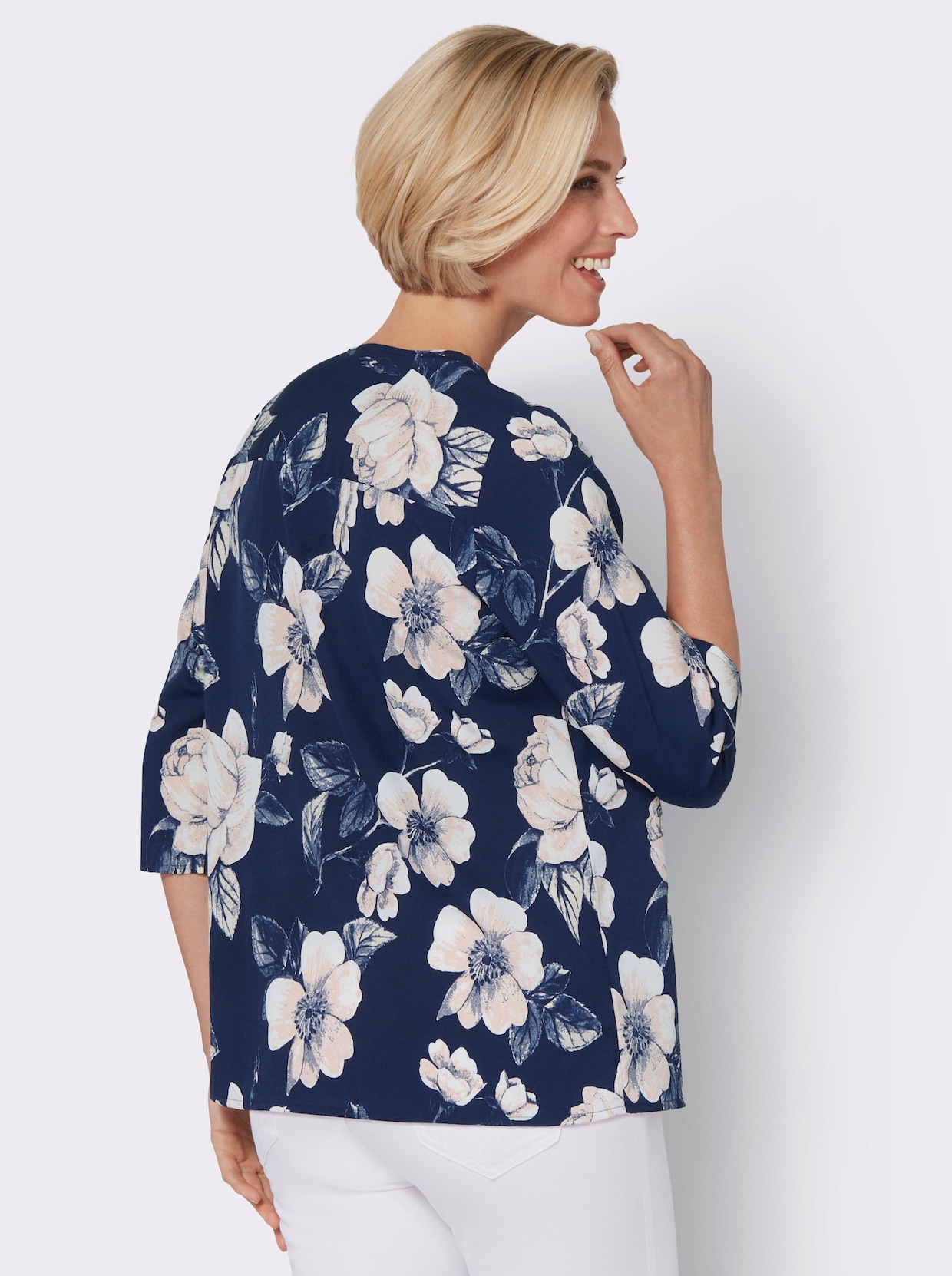 Comfortabele blouse - marine/hortensia bedrukt