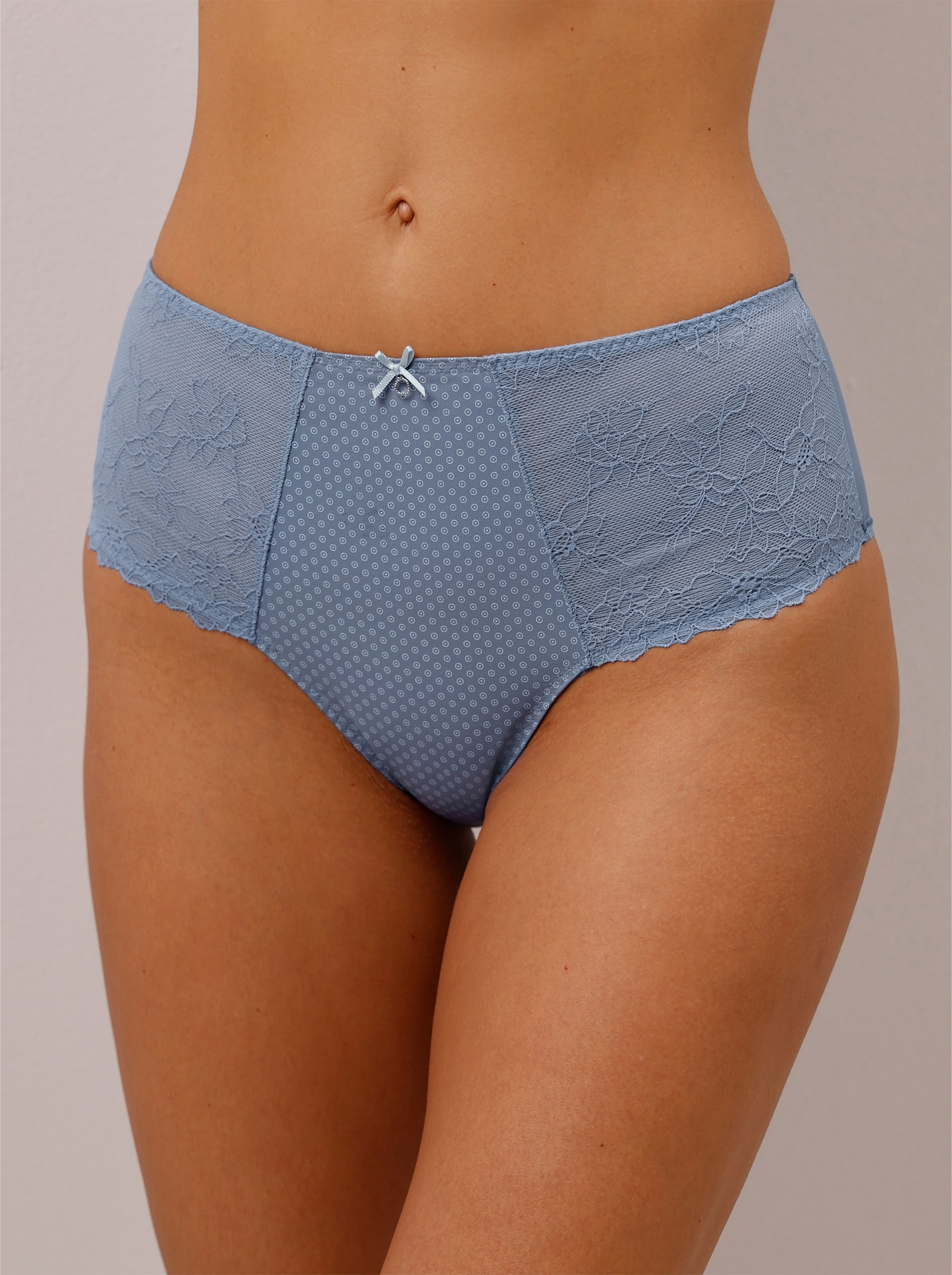 Hüftslip mit unterlegter, bedruckter Netzware - taubenblau