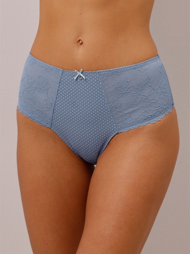 Hüftslip mit unterlegter, bedruckter Netzware - taubenblau