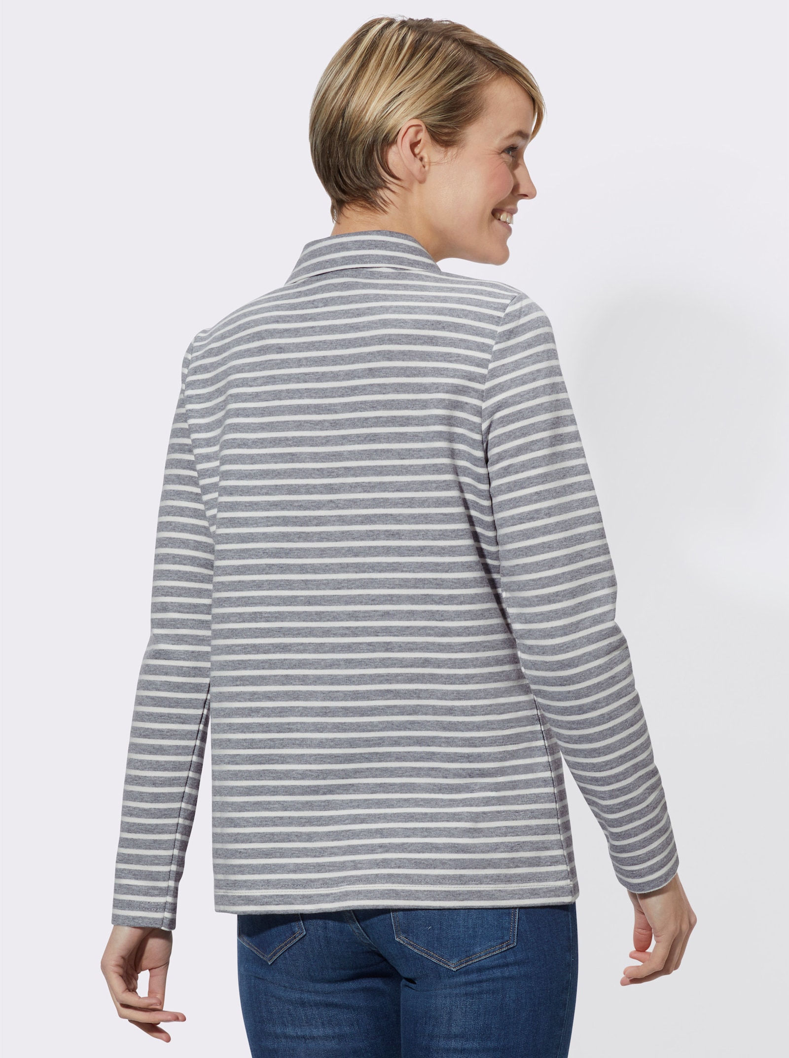 Shirt met lange mouwen, schipperskraag en ritssluiting - grijs gestreept