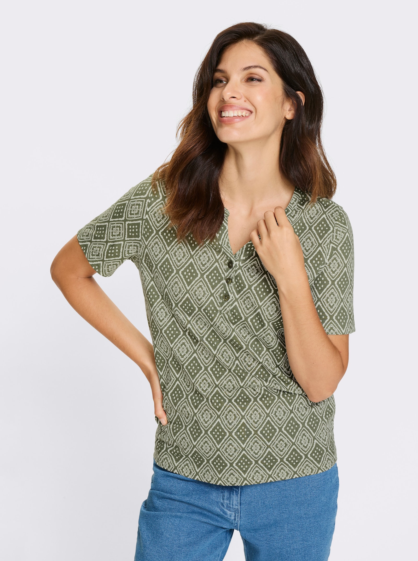 Kurzarmshirt mit Ethno-Druck - khaki-ecru-bedruckt