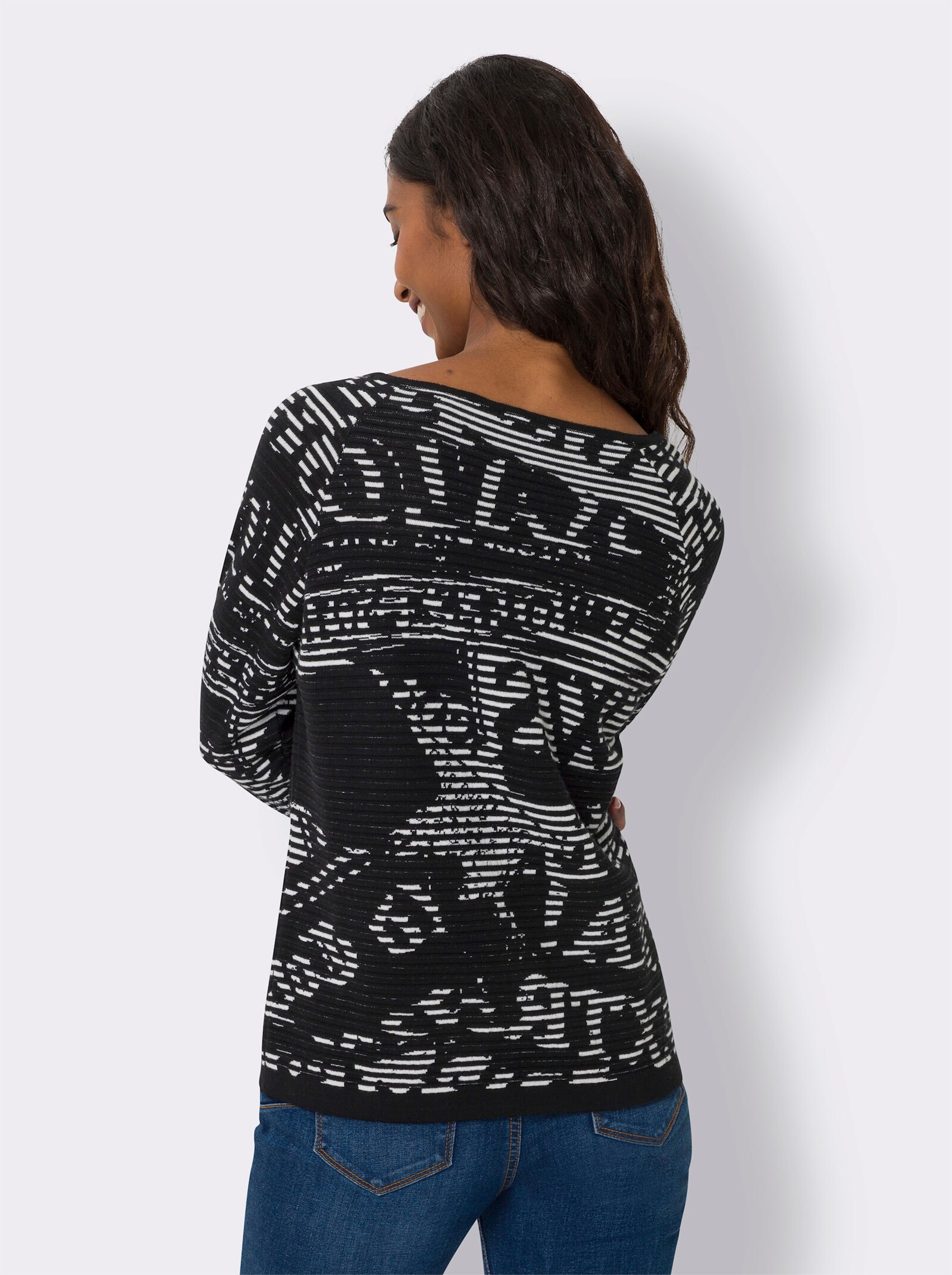 heine Jacquardpullover mit Glitzersteinchen, reine Baumwolle - ecru-schwarz-gemustert