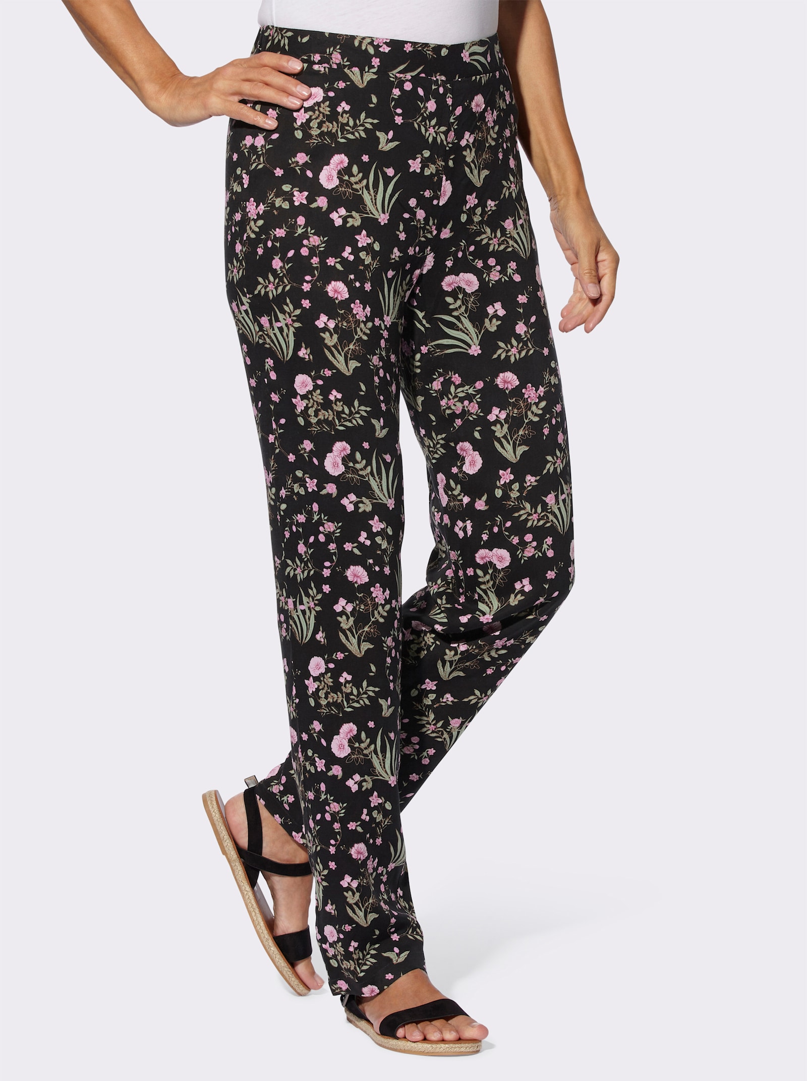 Schlupfhose in Web-Qualität - schwarz-rosé-bedruckt