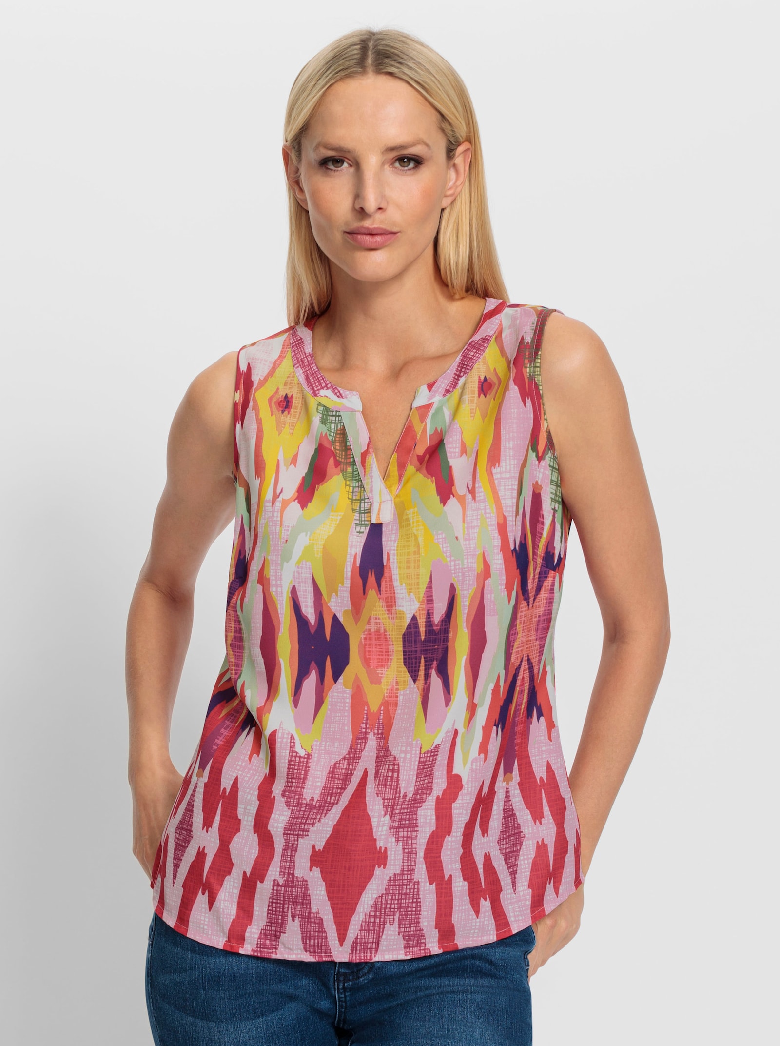 heine Blusentop mit Passe hinten - orange-pink-bedruckt