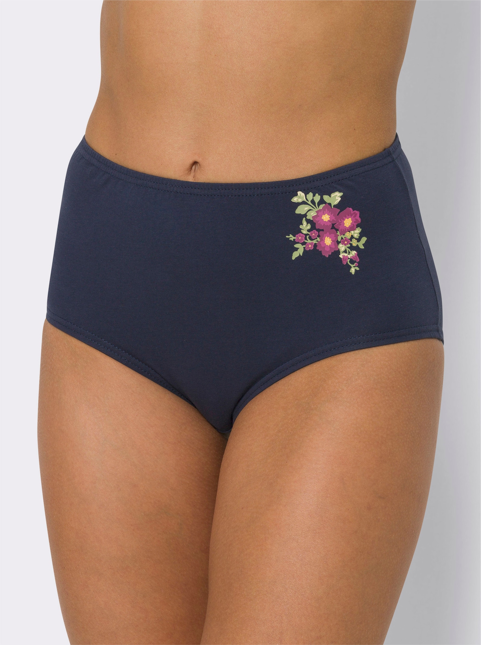 Taillenslip mit Blütenmotiv - marine + weiß + lila